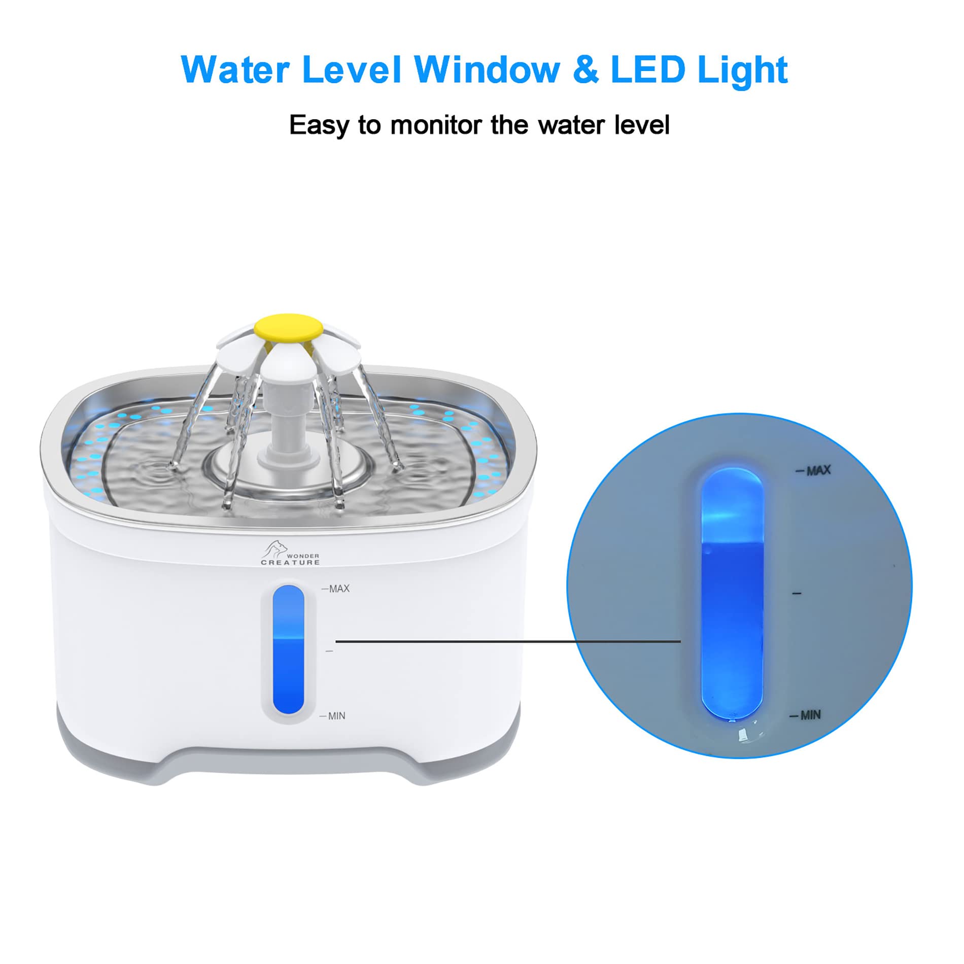 Wonder Creature fontaine chat acier inox — système de filtration charbon et pré-filtre pour eau propre.