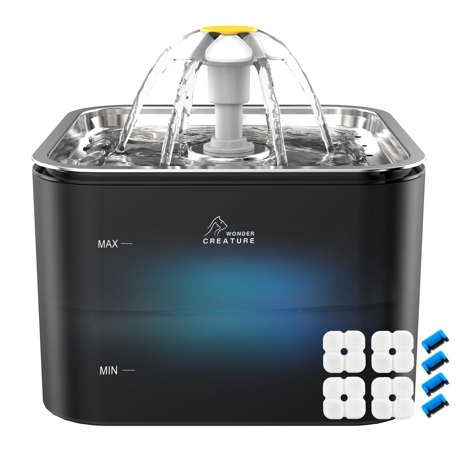 Wonder Creature fontaine Crystal avec couvercle en inox, hygiène renforcée.