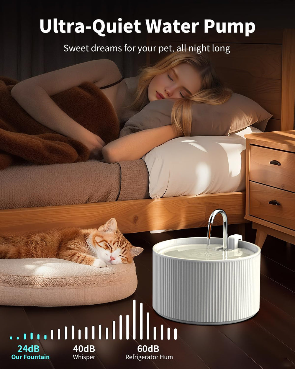 Wonder Creature fontaine-chat pompe-ultra-silencieuse réduit le bruit nocturne.