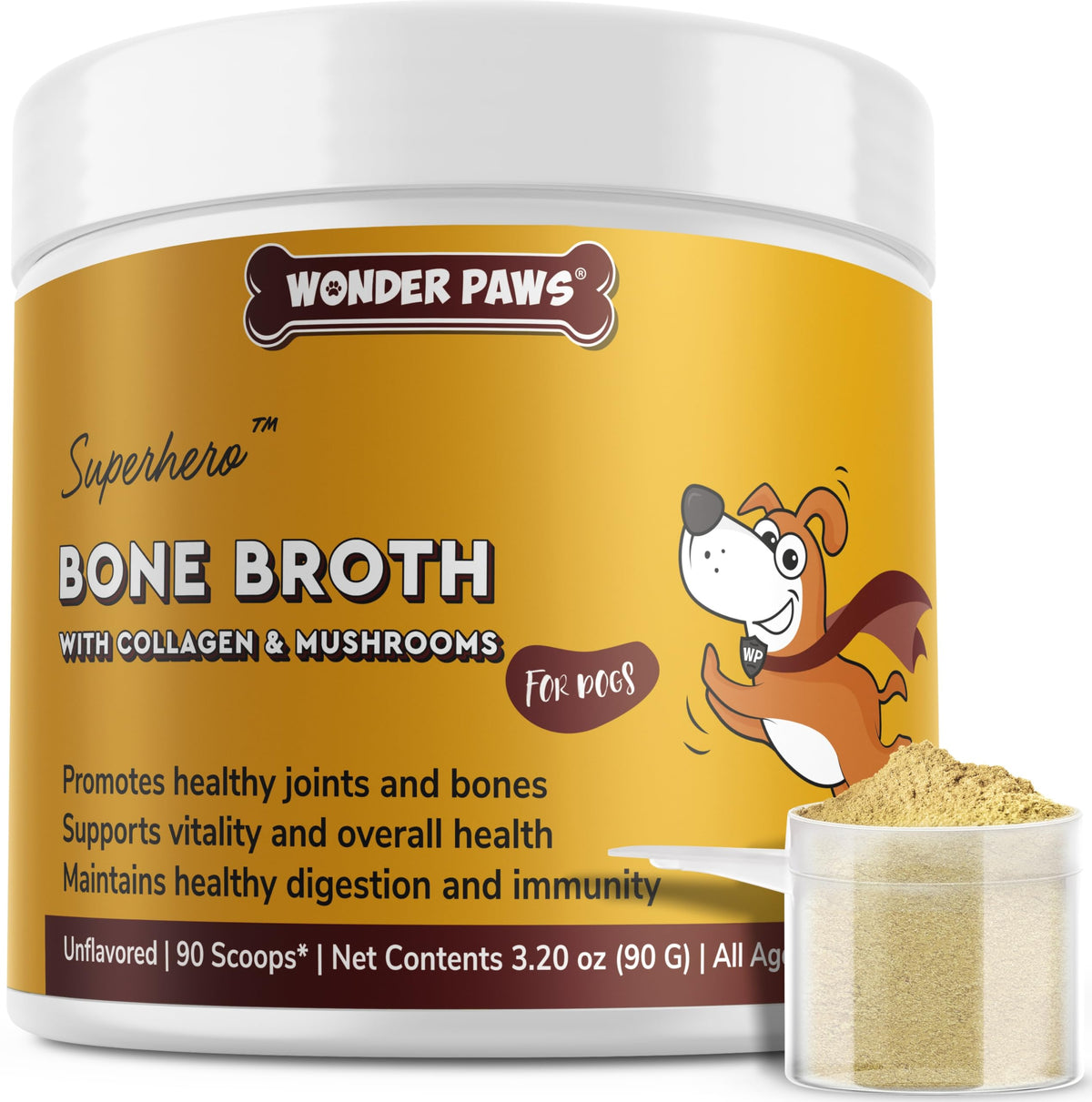 Wonder Paws bouillon d’os de bœuf en poudre pour chiens, soutien digestif potentiel.