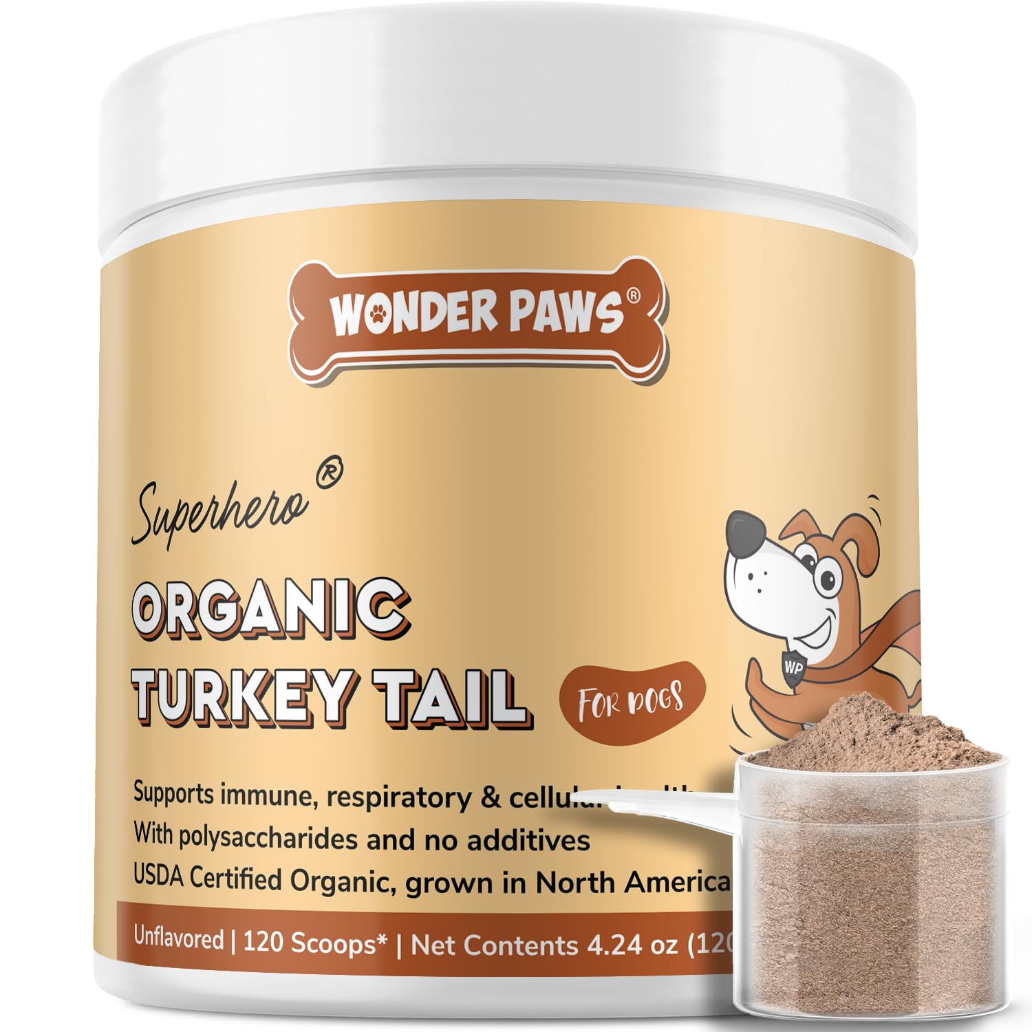 Wonder Paws poudre queue-dinde dans une bouteille, idéal pour saupoudrer sur la nourriture.