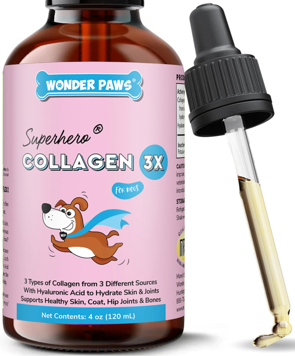 Wonder Paws Collagène pour chiens, flacon gouttes, soutien mobilité des hanches et pelage brillant.