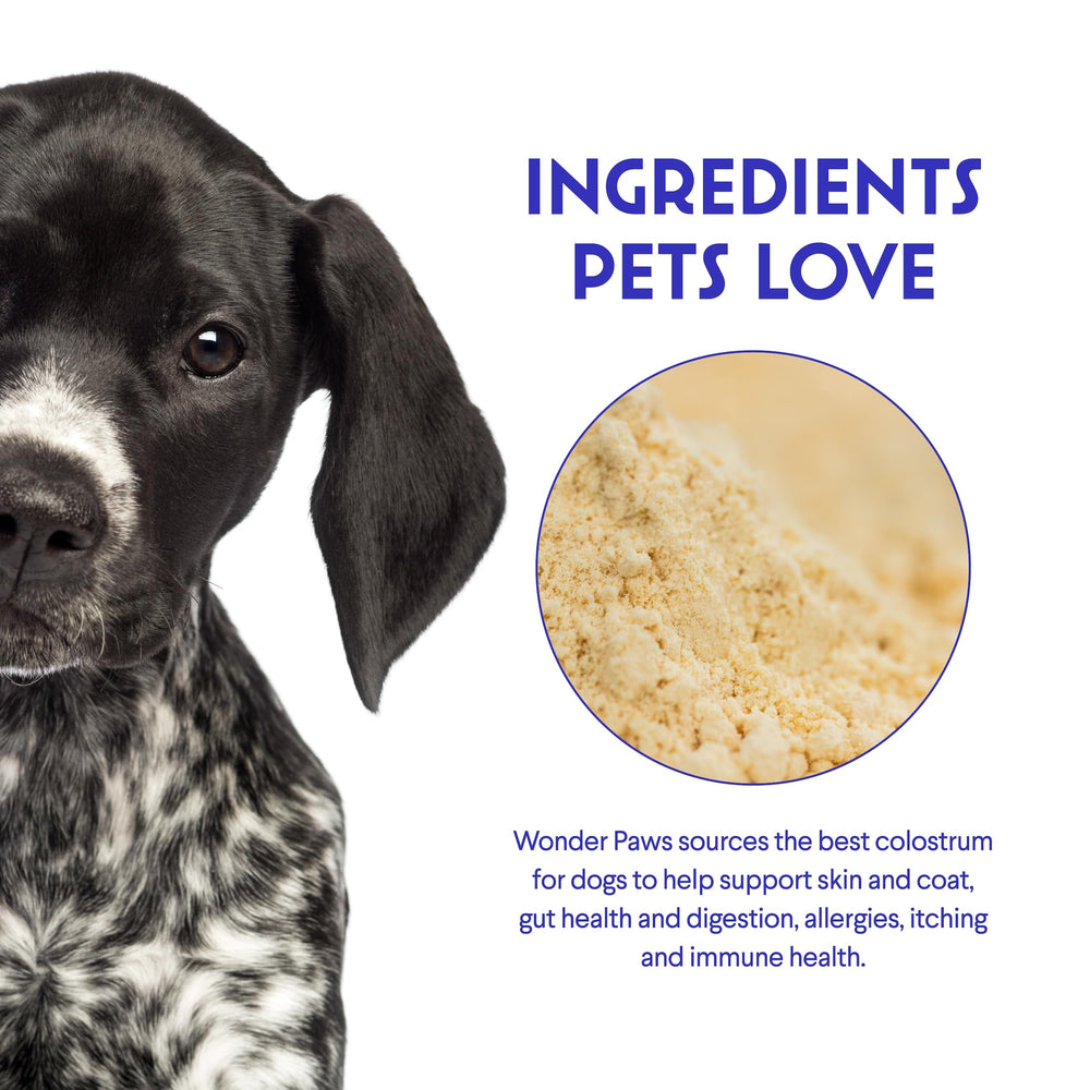 Wonder Paws colostrum emballage flacon, produit américain certifié NASC.