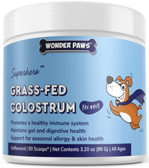 Wonder Paws colostrum en poudre, flacon pour chien, soutien immunitaire.