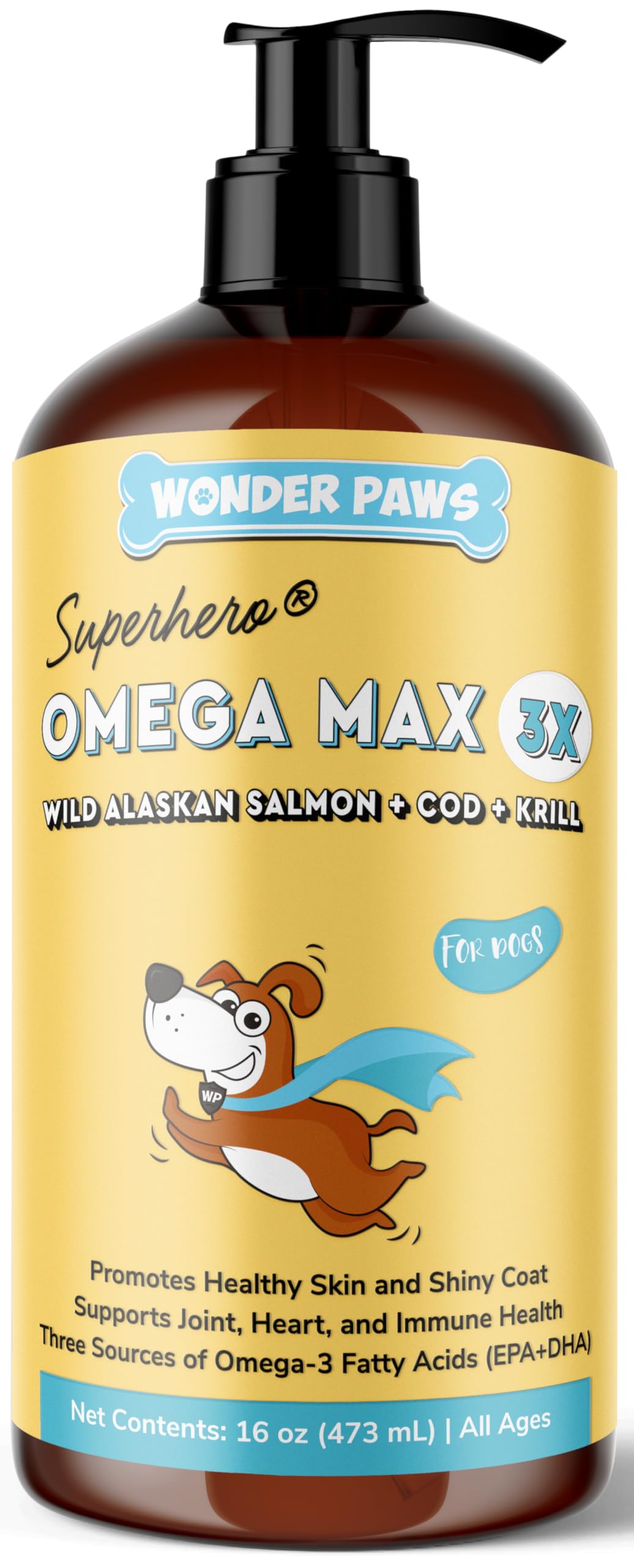 Flacon Wonder Paws Huile Poisson pour chien, ajout facile au repas.