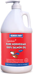 Huile saumon Wonder Paws en bouteille, enrichit le repas quotidien du chien.