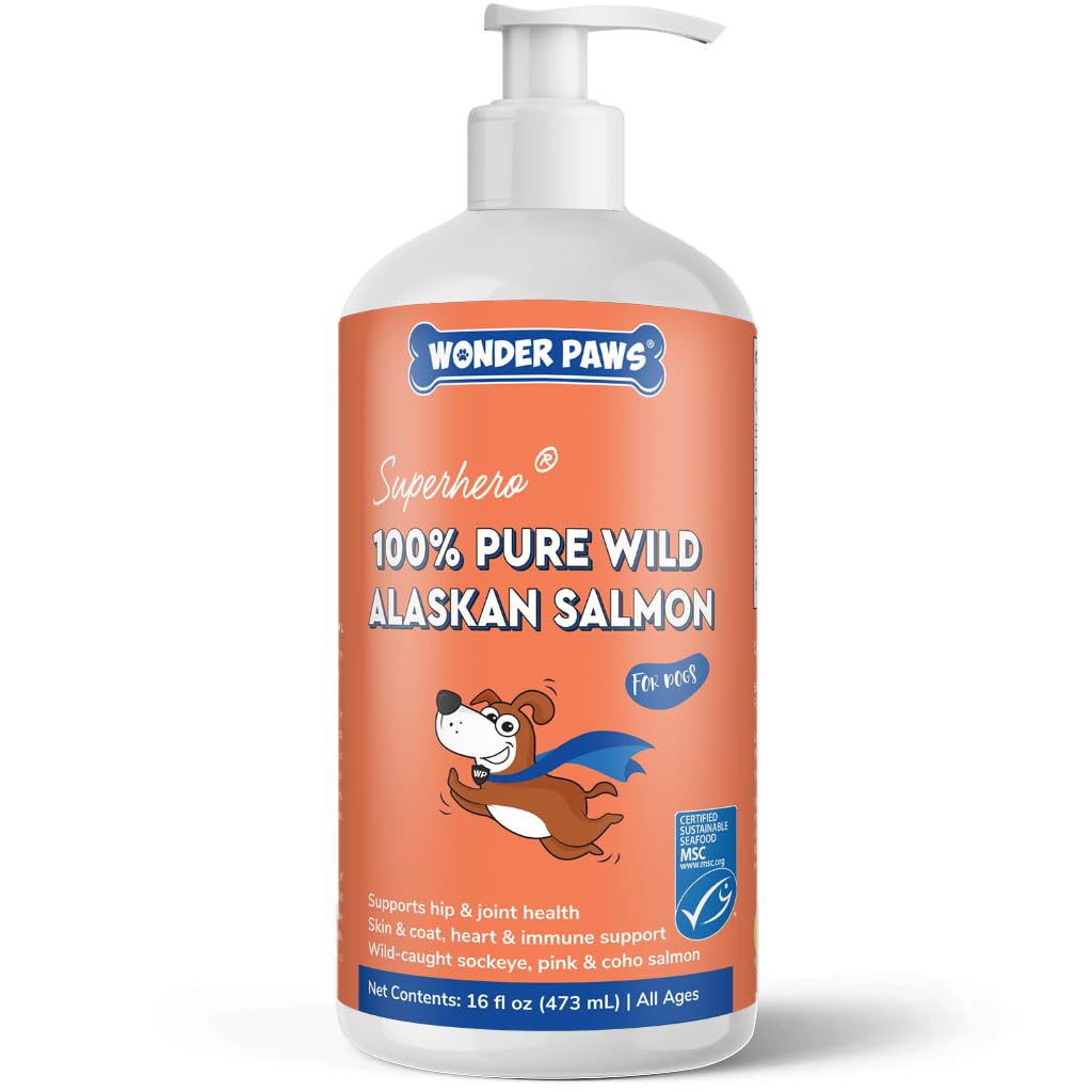 Wonder Paws huile saumon sauvage Alaska – bouteille pompe, dosage facile pour peau et pelage.