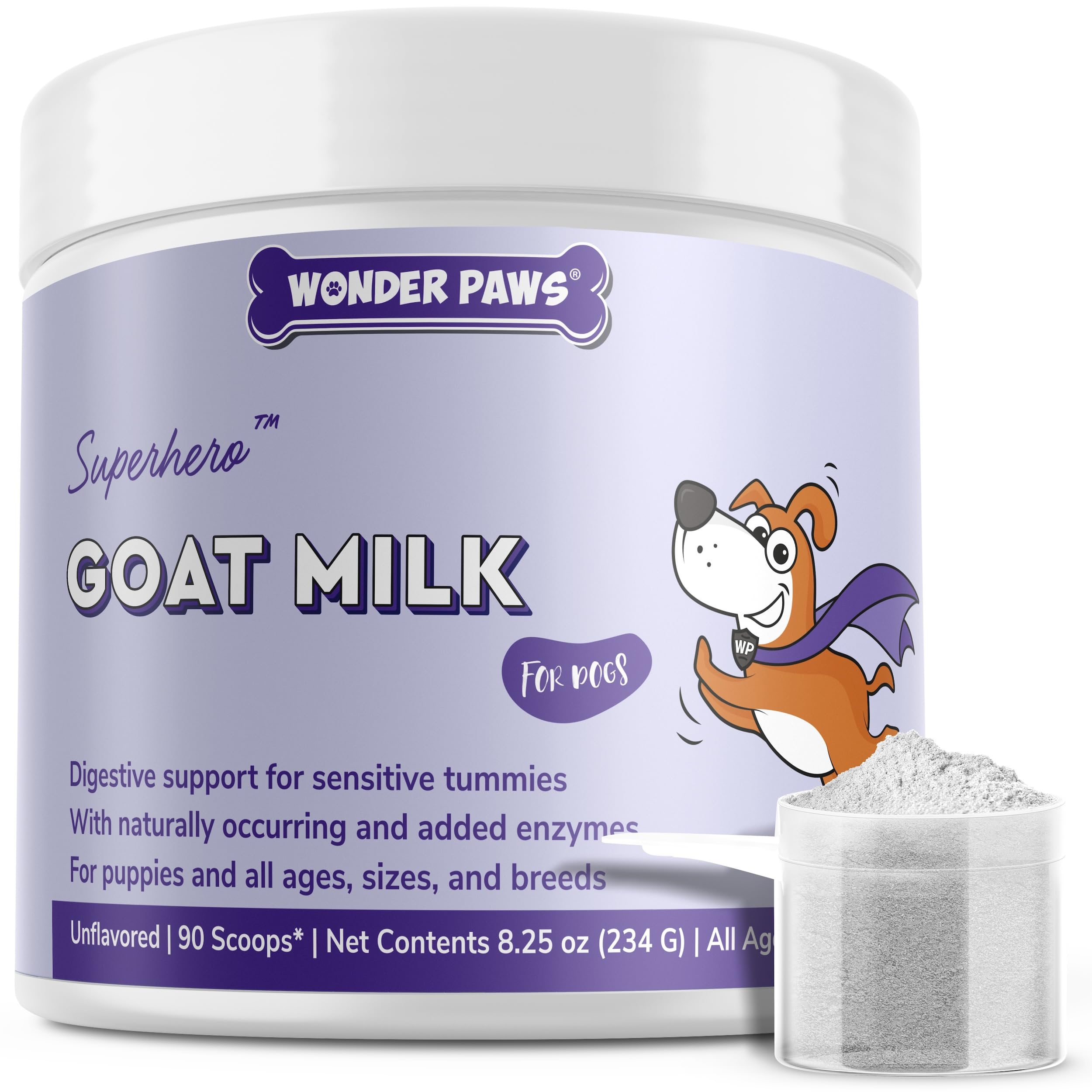 Wonder Paws lait chèvre en poudre pour chien, soutien digestion et immunité.