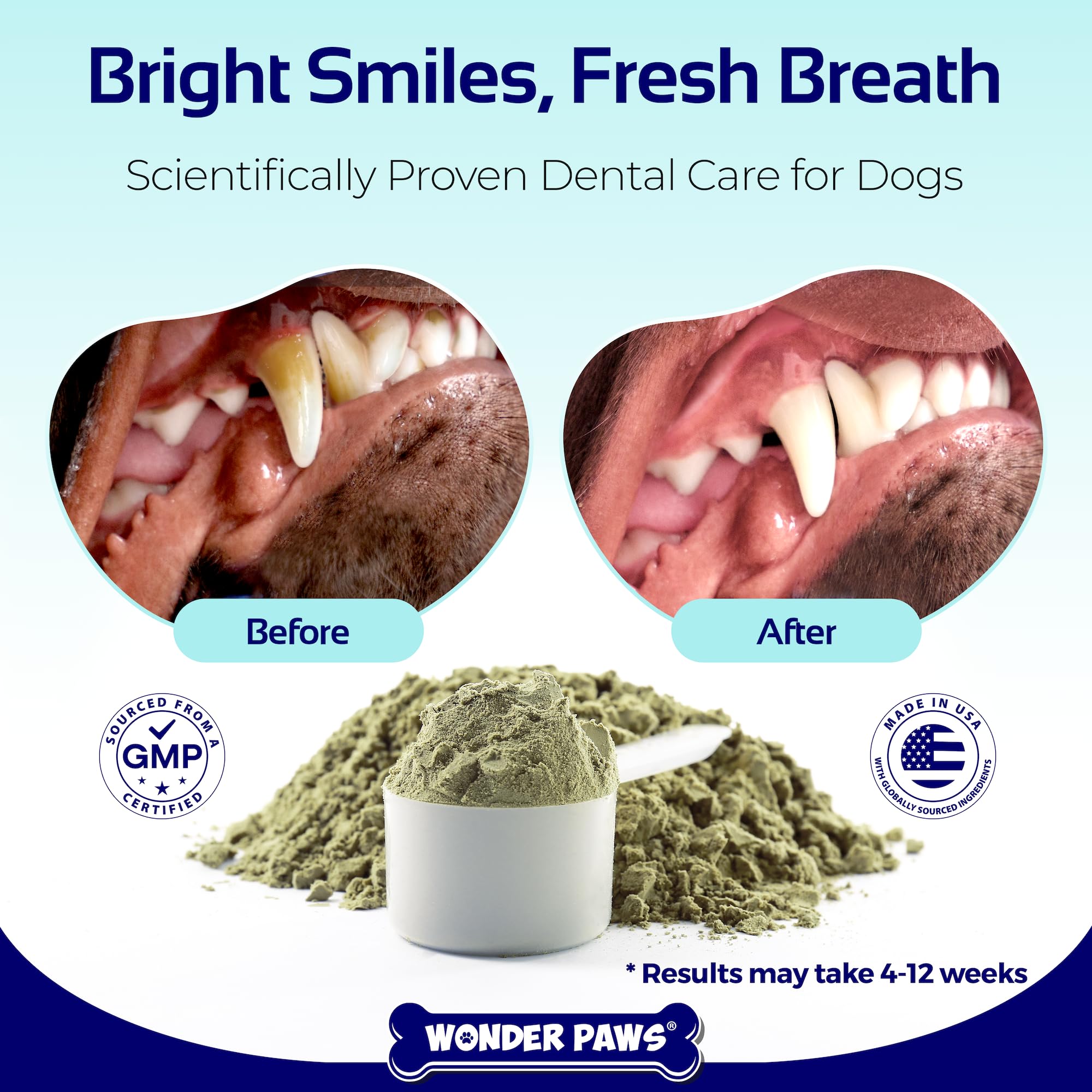 Wonder Paws Poudre Dentaire dans la nourriture du chien pour des dents propres.
