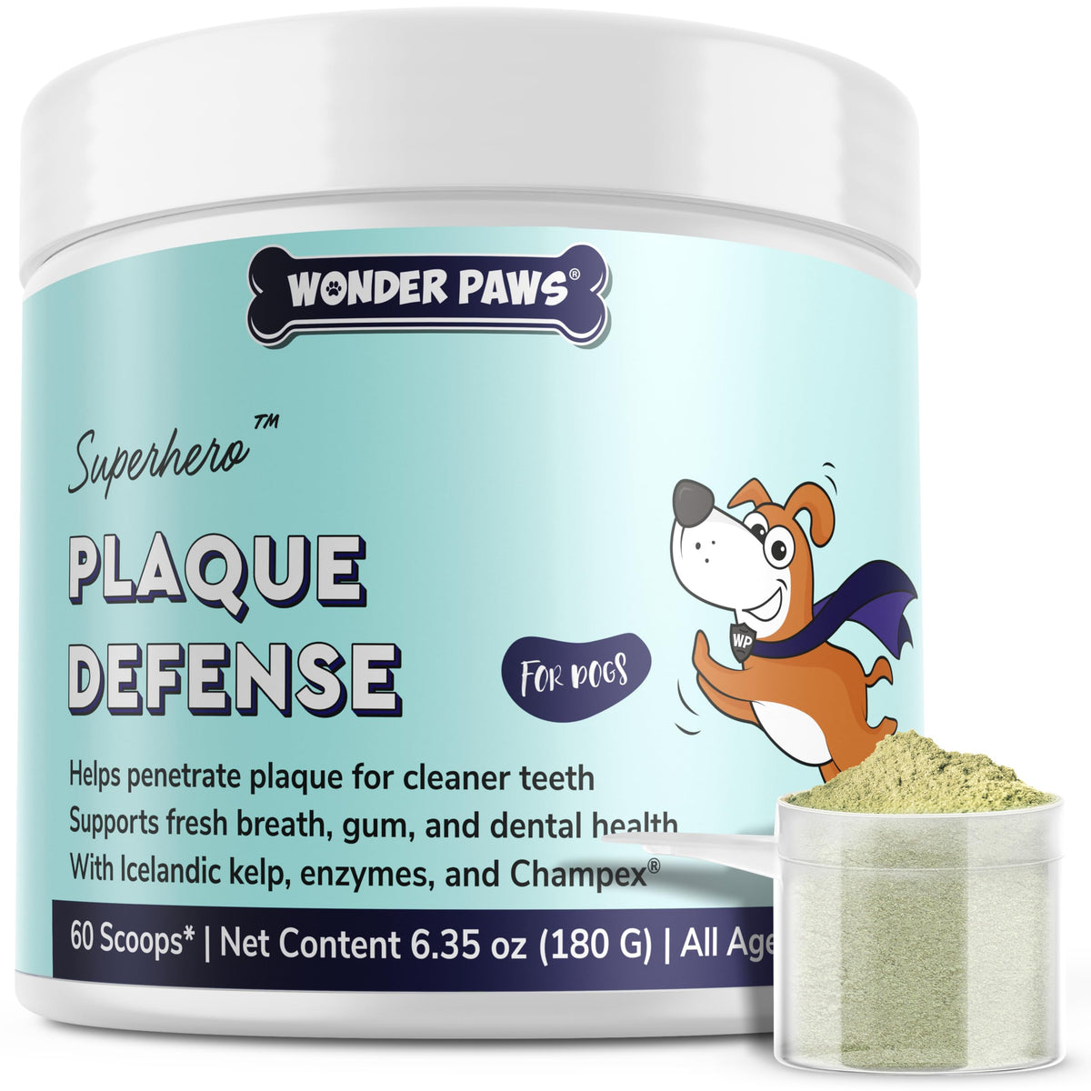 Wonder Paws Poudre Dentaire pour chien – flacon-doseur pratique pour l’hygiène dentaire.