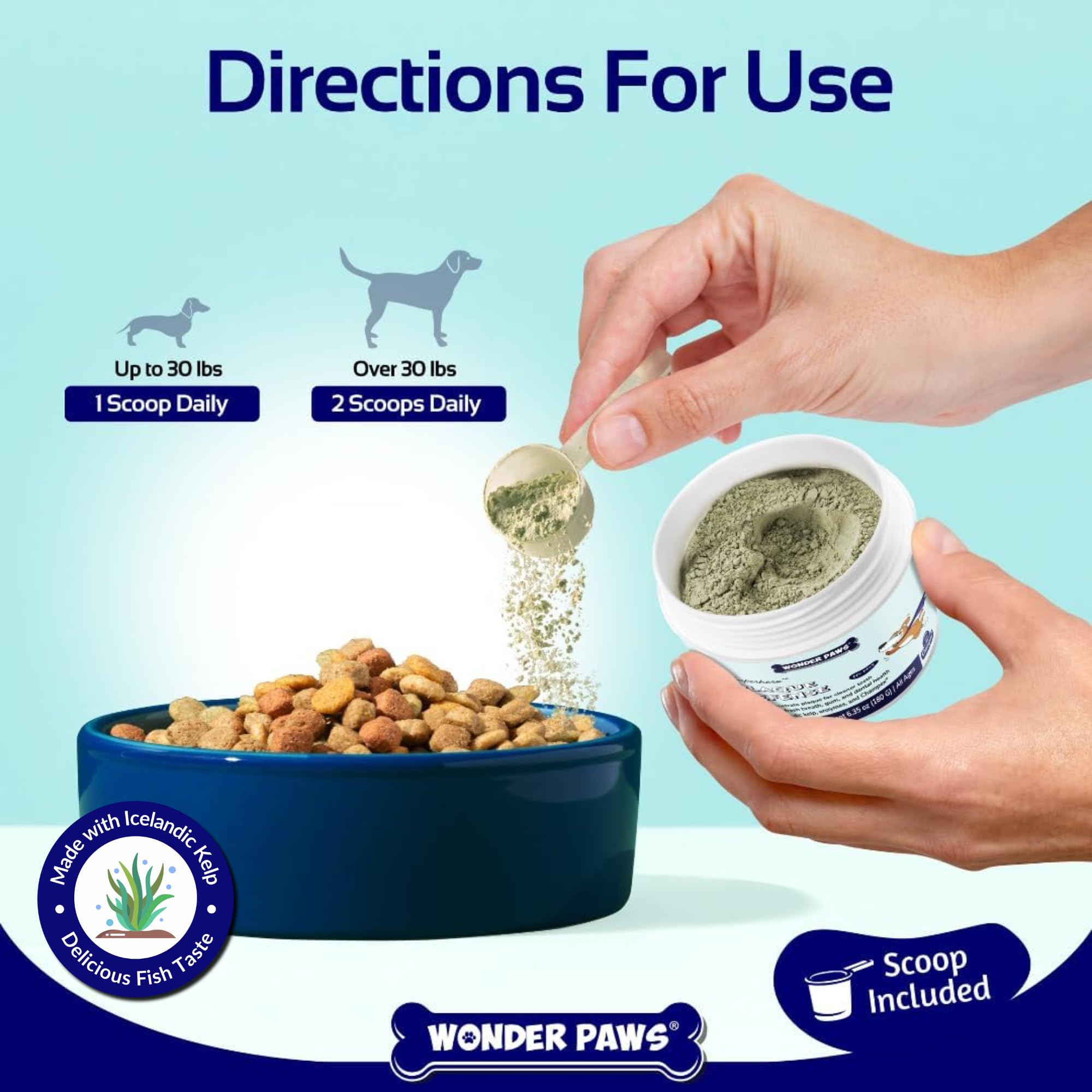 Wonder Paws Poudre Dentaire – algues islandaises et enzymes pour la propreté buccale.