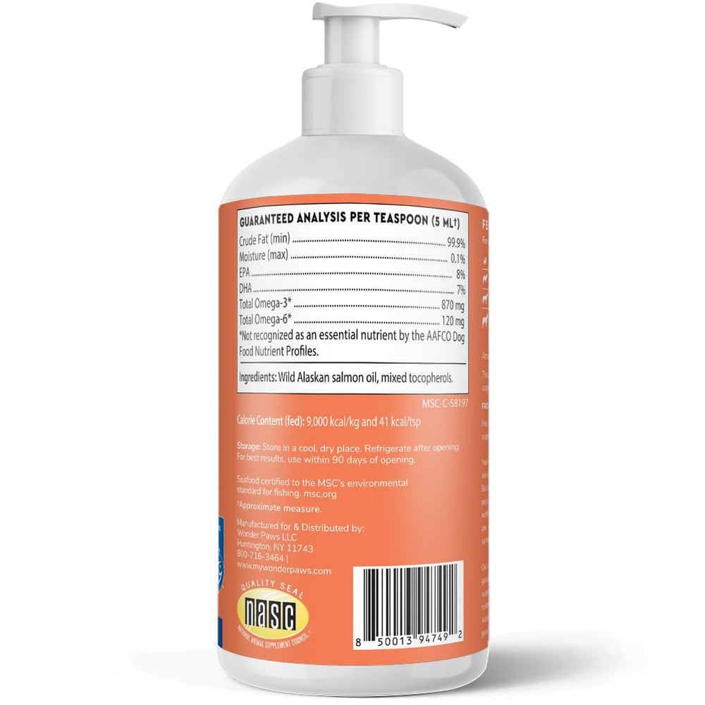 Wonder Paws huile saumon sauvage – pratique à utiliser, de petites portions quotidiennes.