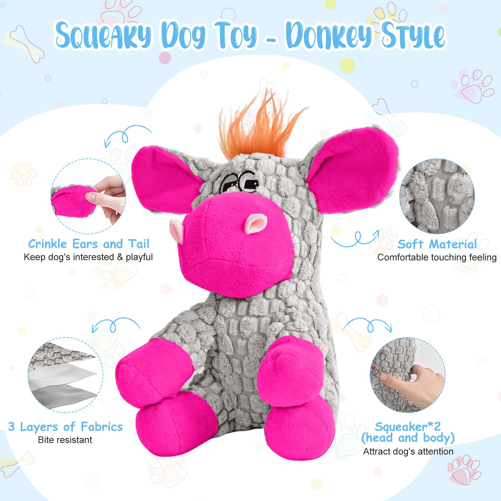 Wonfly peluche d’âne avec sifflet et papier froissé, sessions de jeu et de rapport