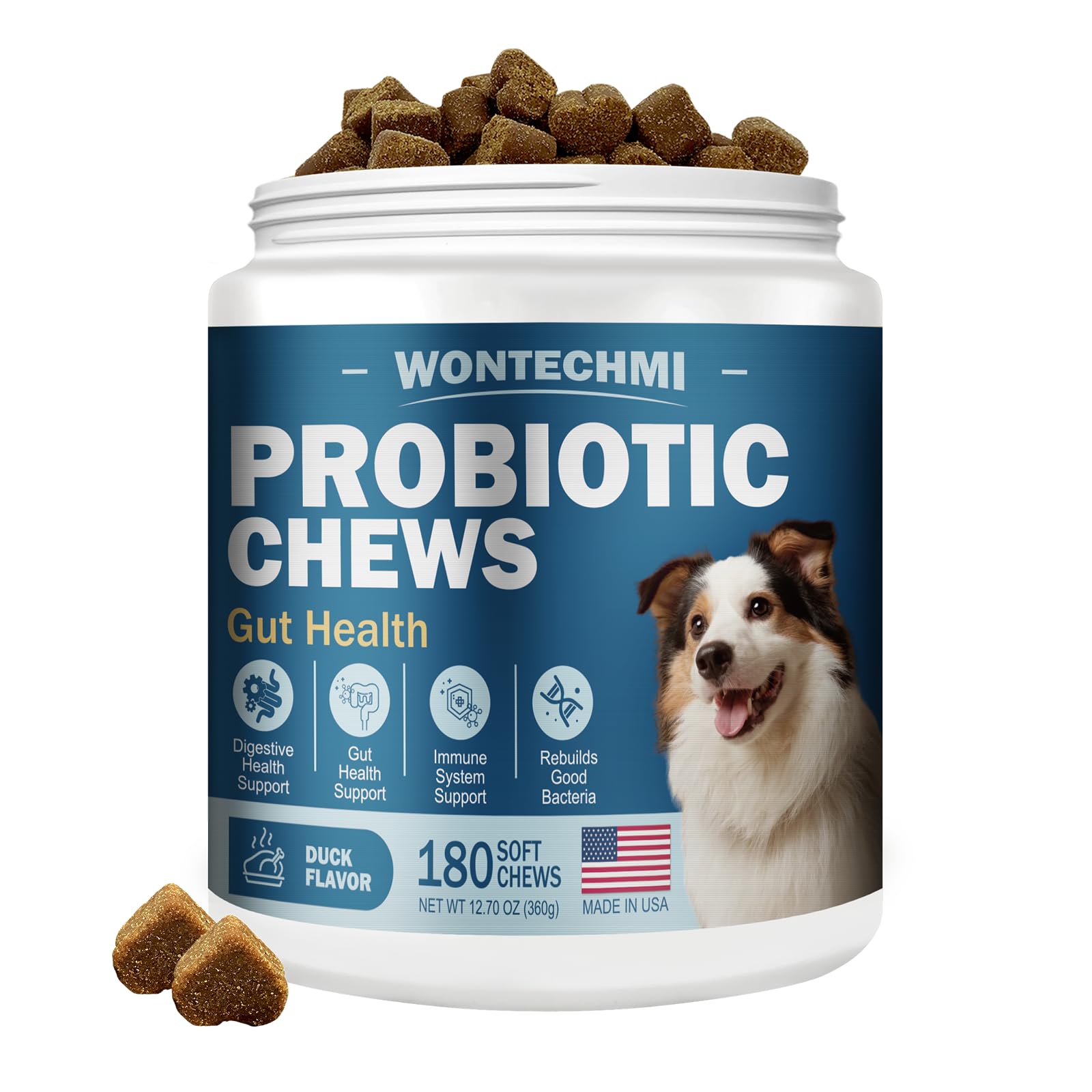 WONTECHMI Probiotiques chien — bouchées douces au goût canard facilitant l administration.