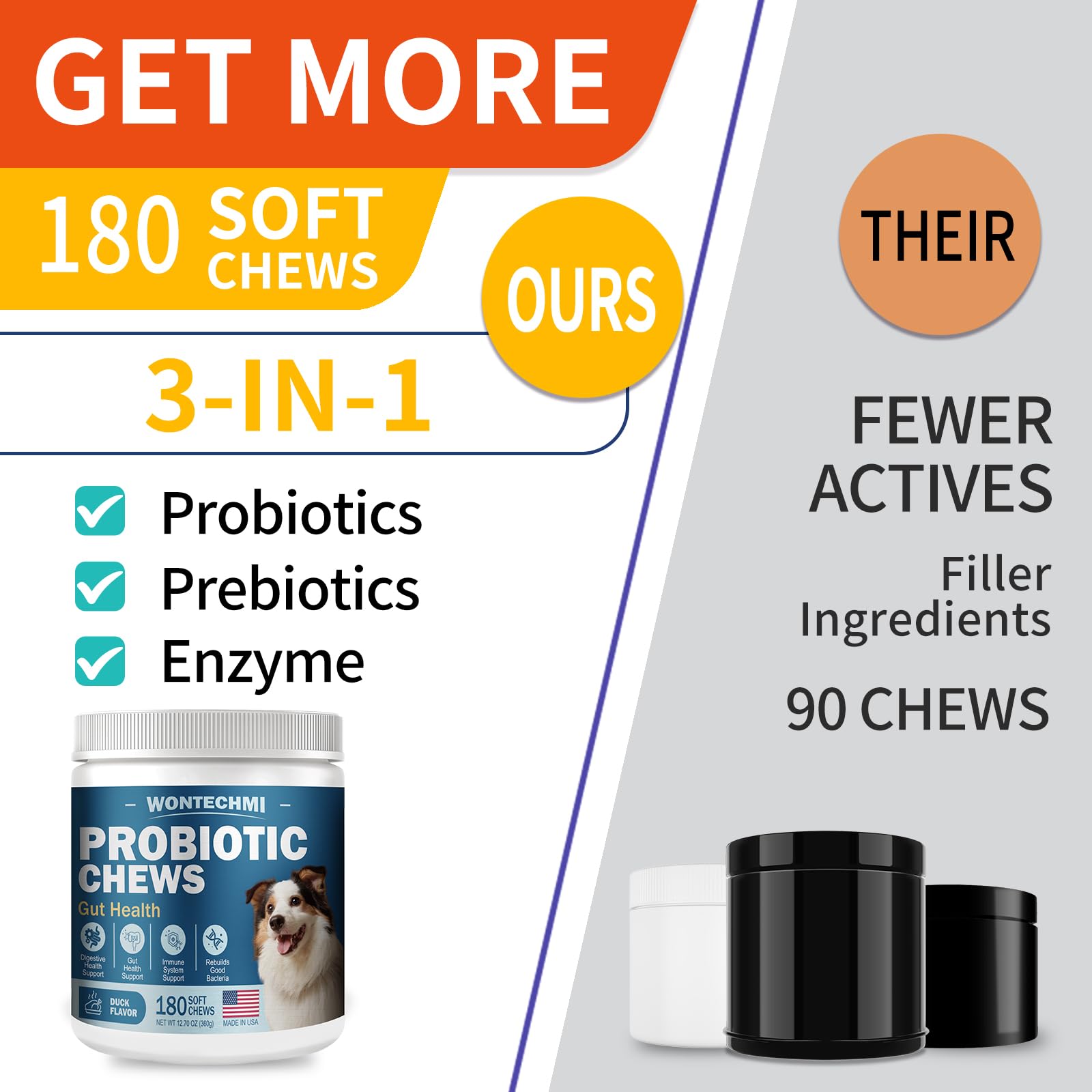 WONTECHMI Probiotiques chien — formule prébiotiques pour l équilibre de l intestin.