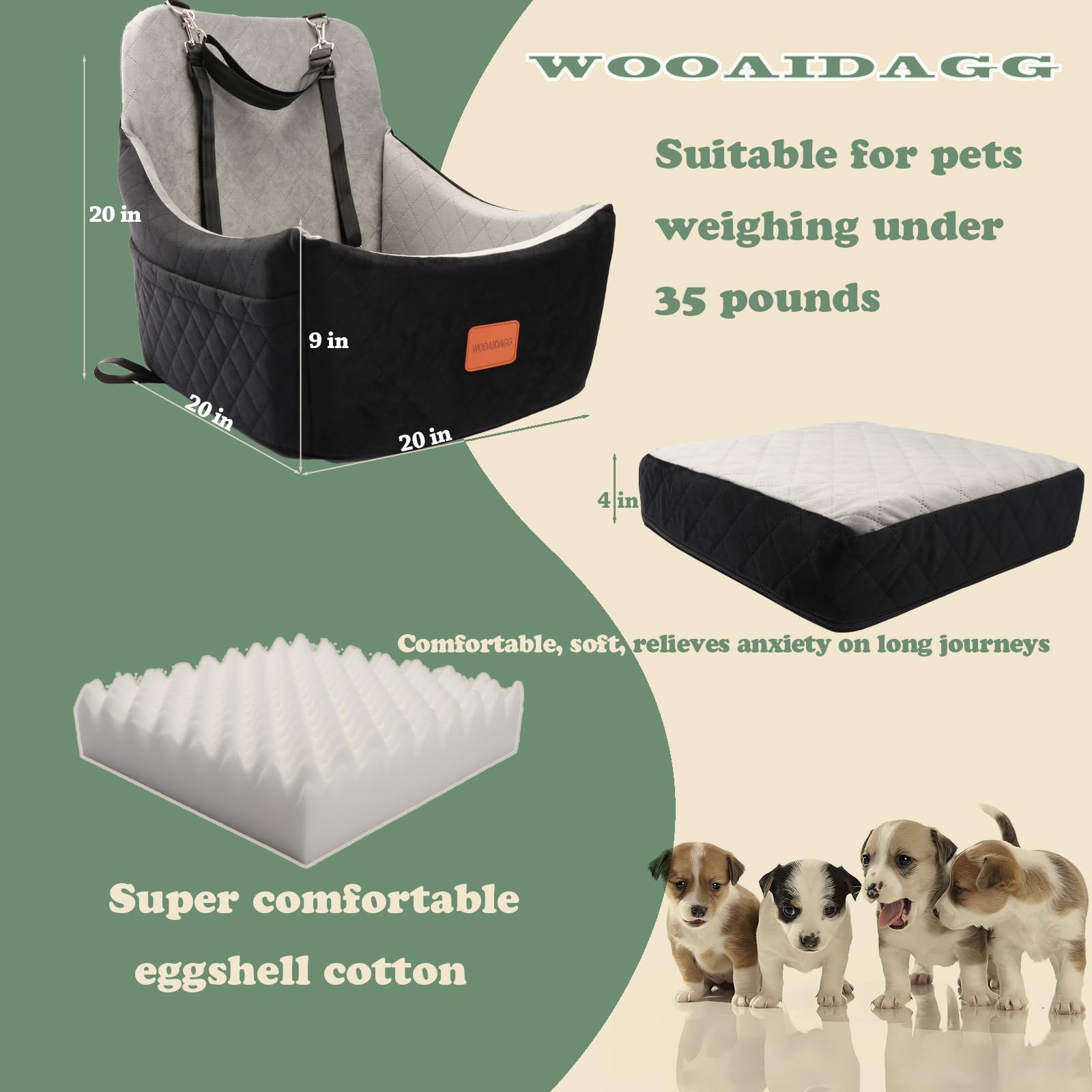 Wooaidagg siège-auto chien tissu doux pour réduire l’anxiété lors des trajets