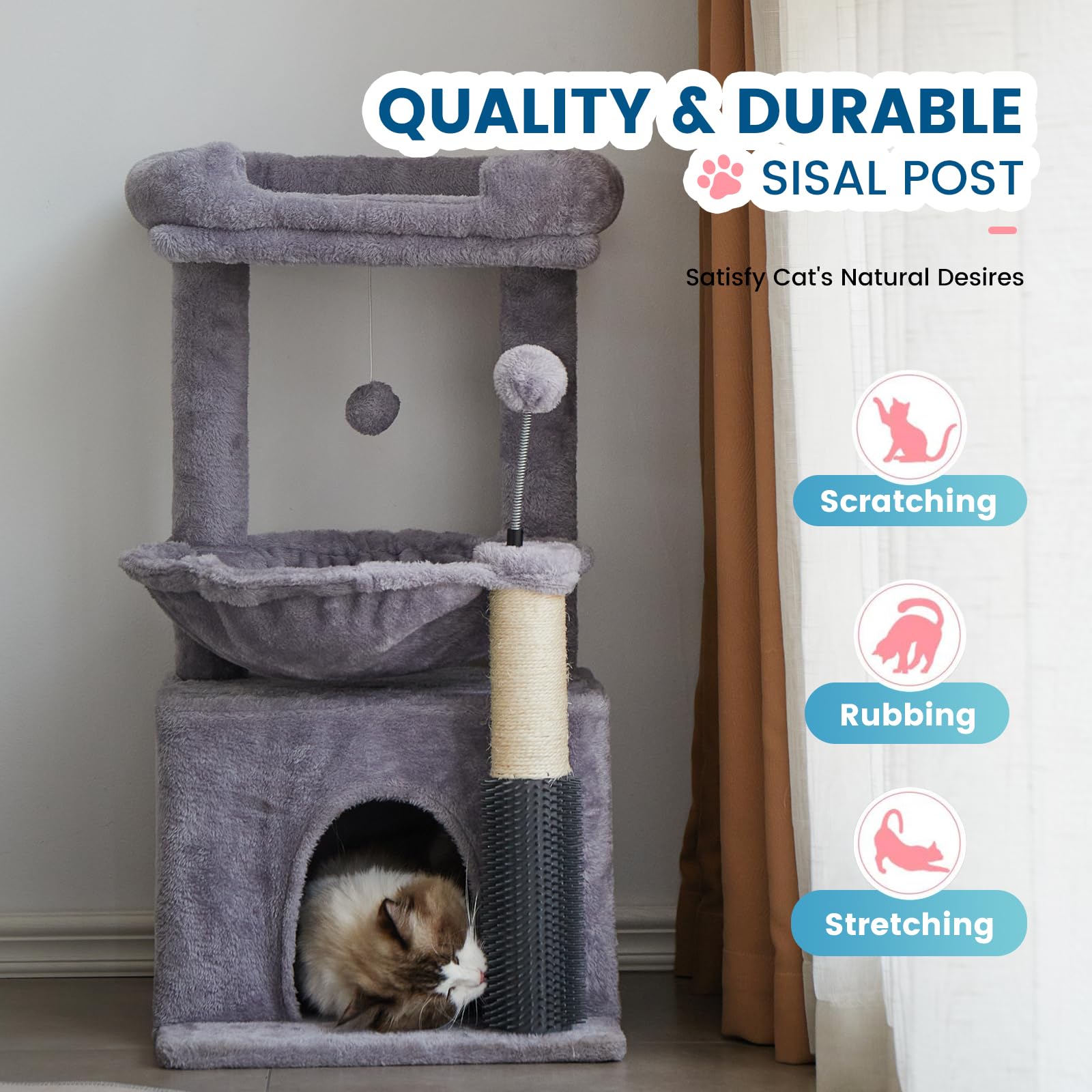 WOODPURR Arbre chat 32 pouces base robuste et sécurité renforcée.