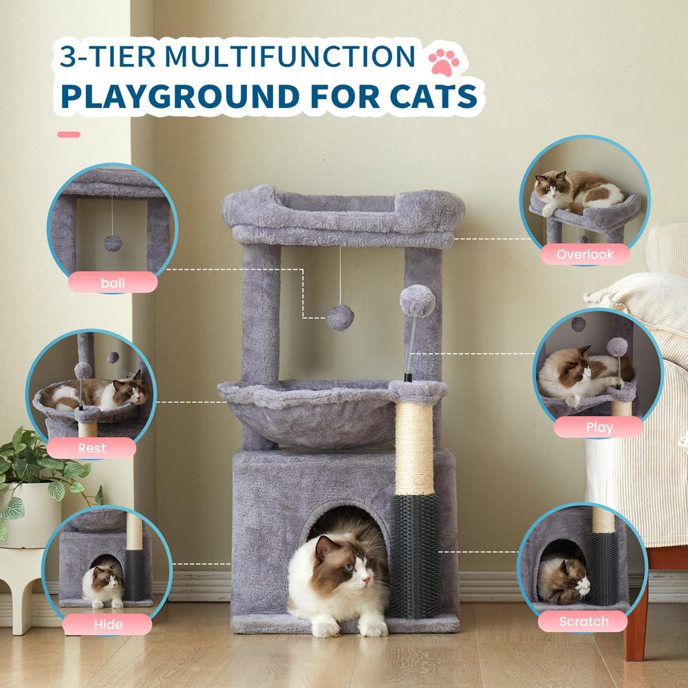 WOODPURR Arbre chat 32 pouces perchoir peluche, endroit idéal pour observer.