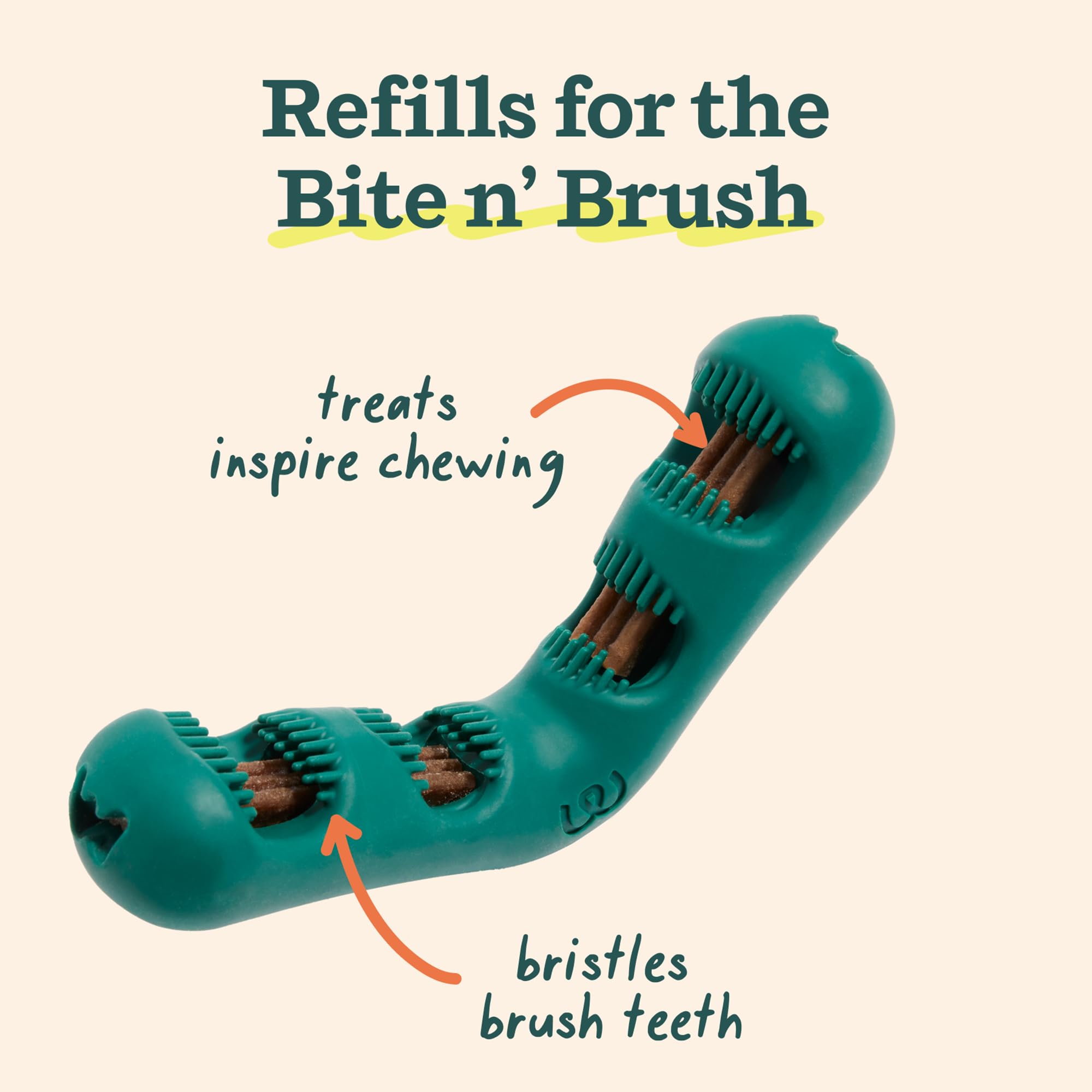 Conception en V de Bite n' Brush: brossage sur toutes les faces.