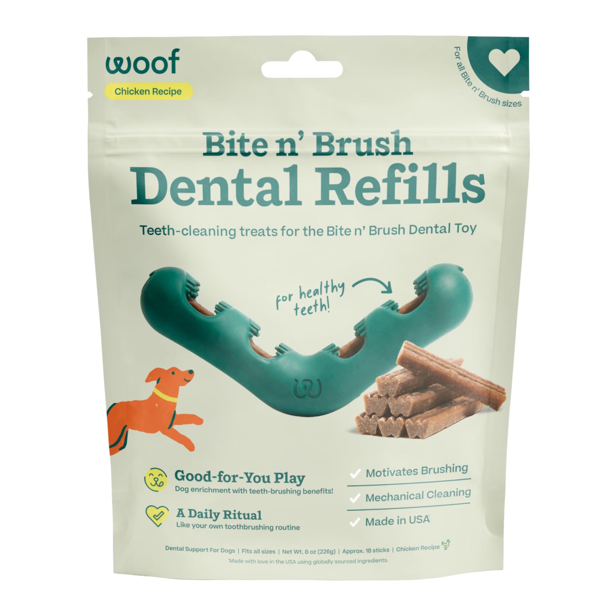 WOOF Bite n' Brush recharge persil: parfum agréable et nettoyage dentaire.