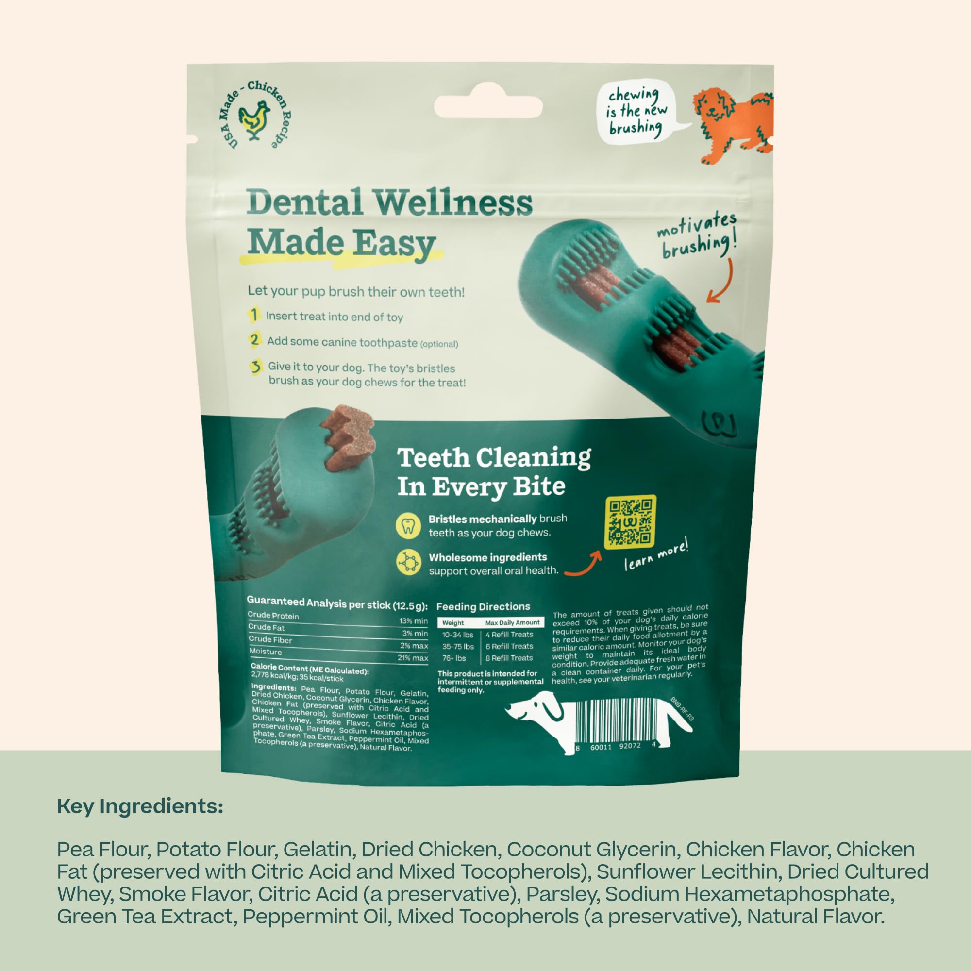 WOOF Bite n' Brush recharge thé vert: haleine plus fraîche après mastication.