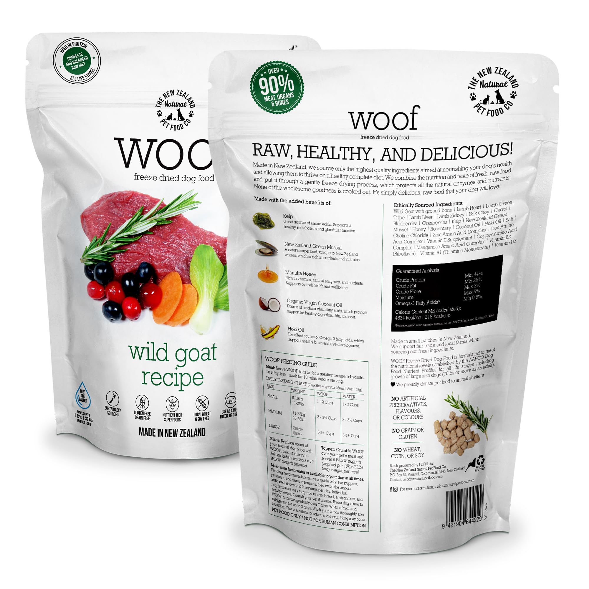 Morceaux lyophilisés WOOF chèvre sauvage; texture croquante et nutritive.