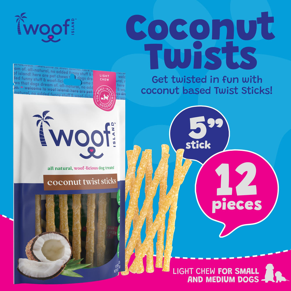 Woof Island texture douce, twist coco, croquant et facile à mâcher.