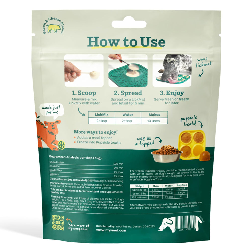 WOOF LickMixes portions pré-dosées faciles à doser pour calmer pendant les repas.