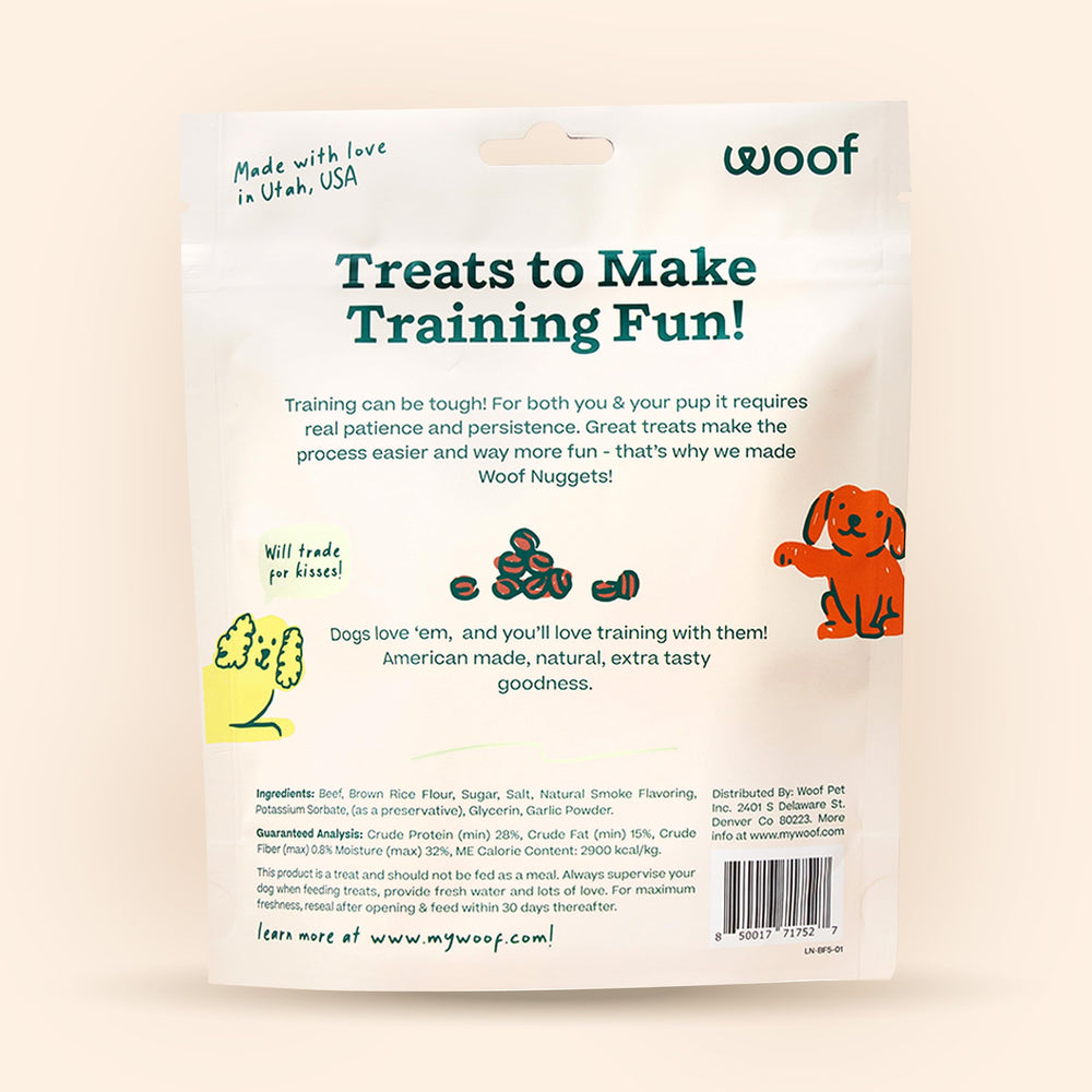 Love Nuggets WOOF: tranches de bœuf savoureuses pour récompenser pendant l'entraînement.