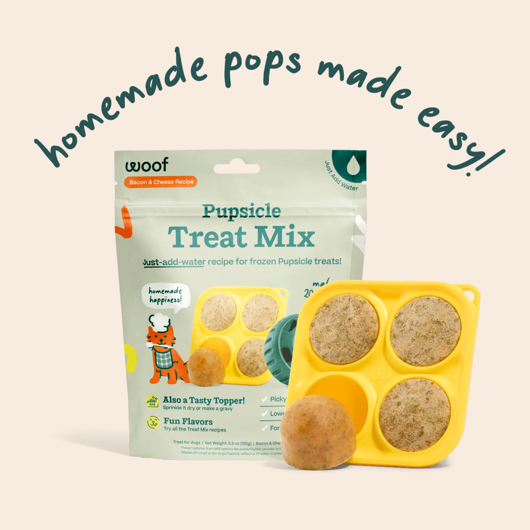Mélange Pupsicle WOOF saveur bacon et fromage, friandise savoureuse pour chien.