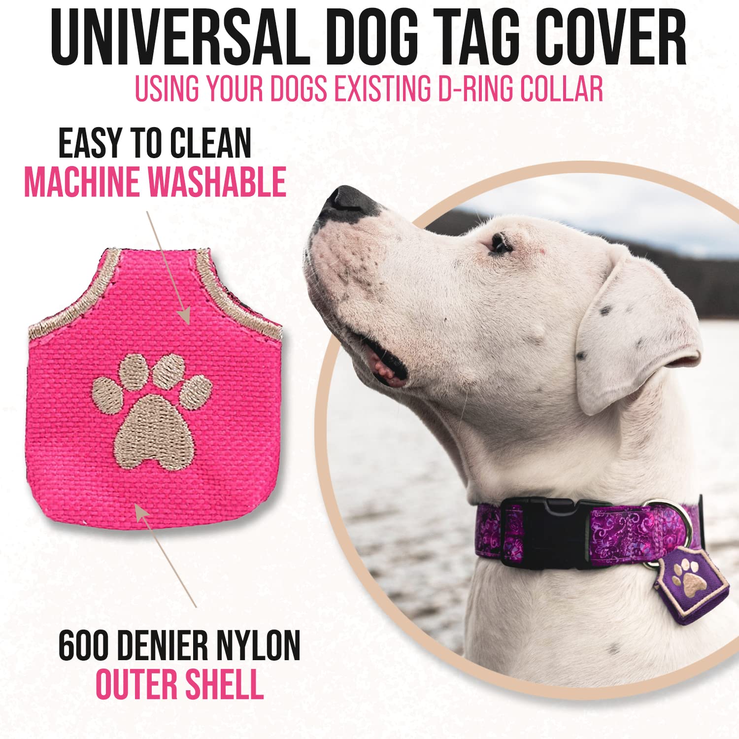 Woofhoof silencieux dog tag nylon rose protège et diminue le bruit