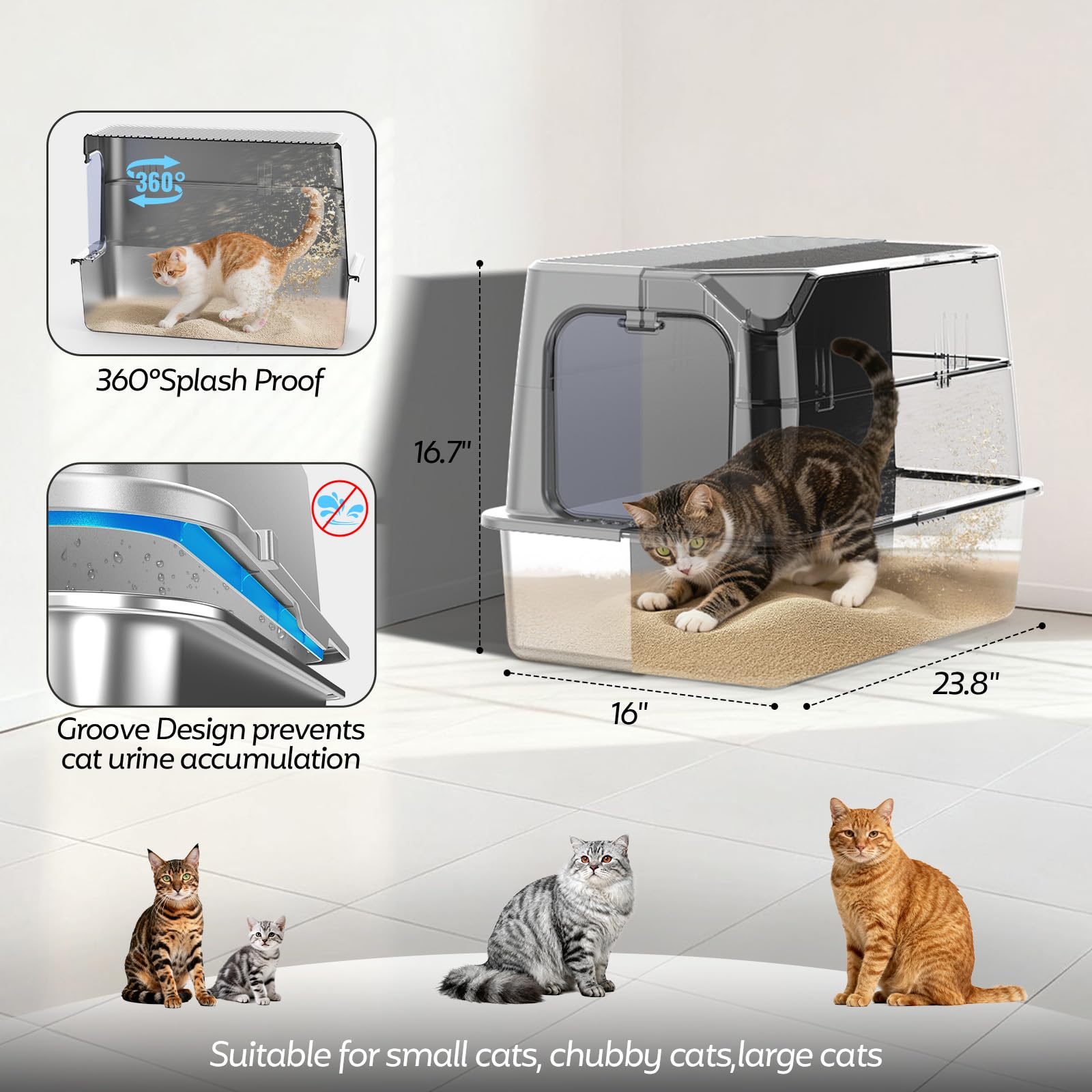WoofiGo boîte litière inox avec hauts bords pour limiter les éclaboussures.