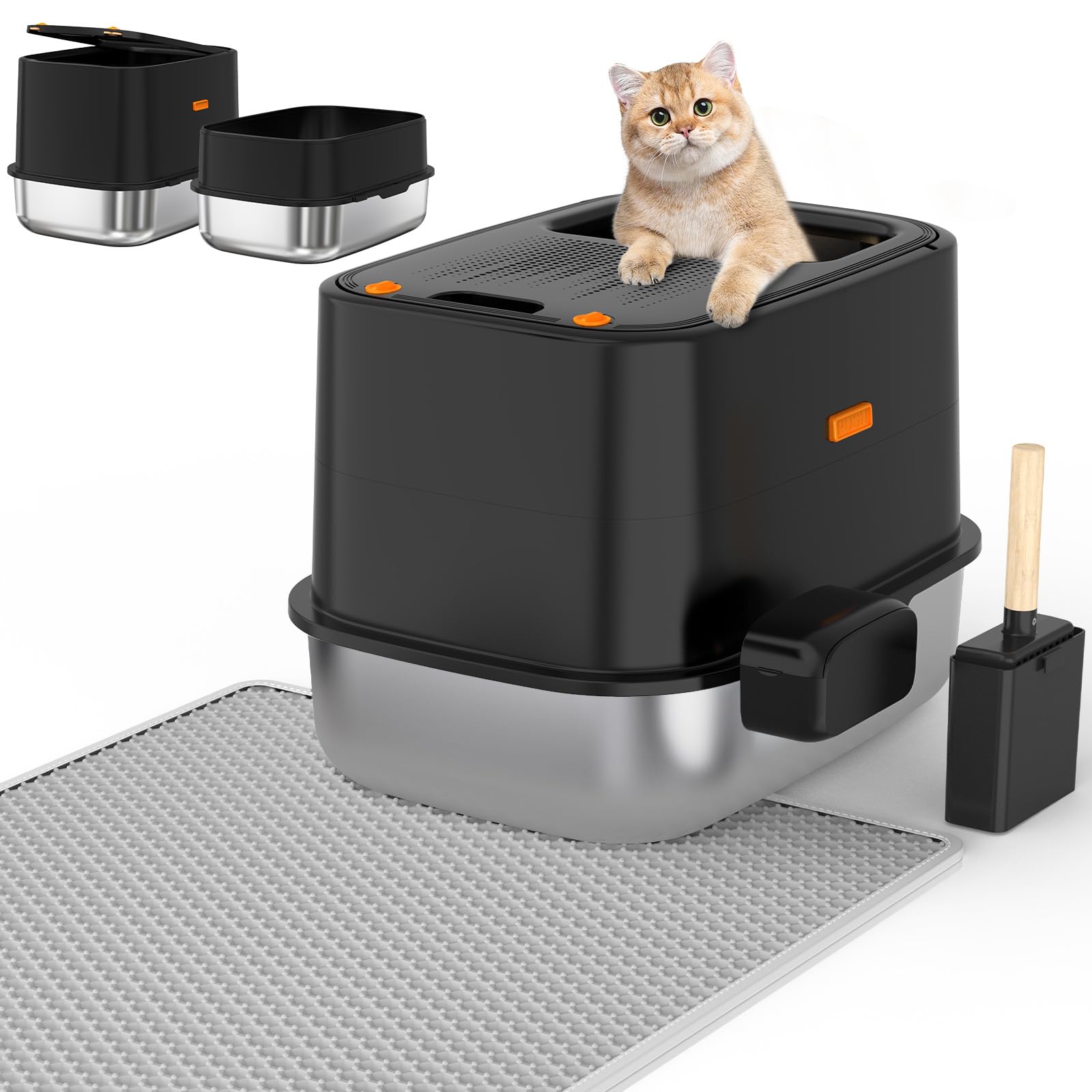 WoofiGo litière en acier inoxydable avec ouverture supérieure, durable.
