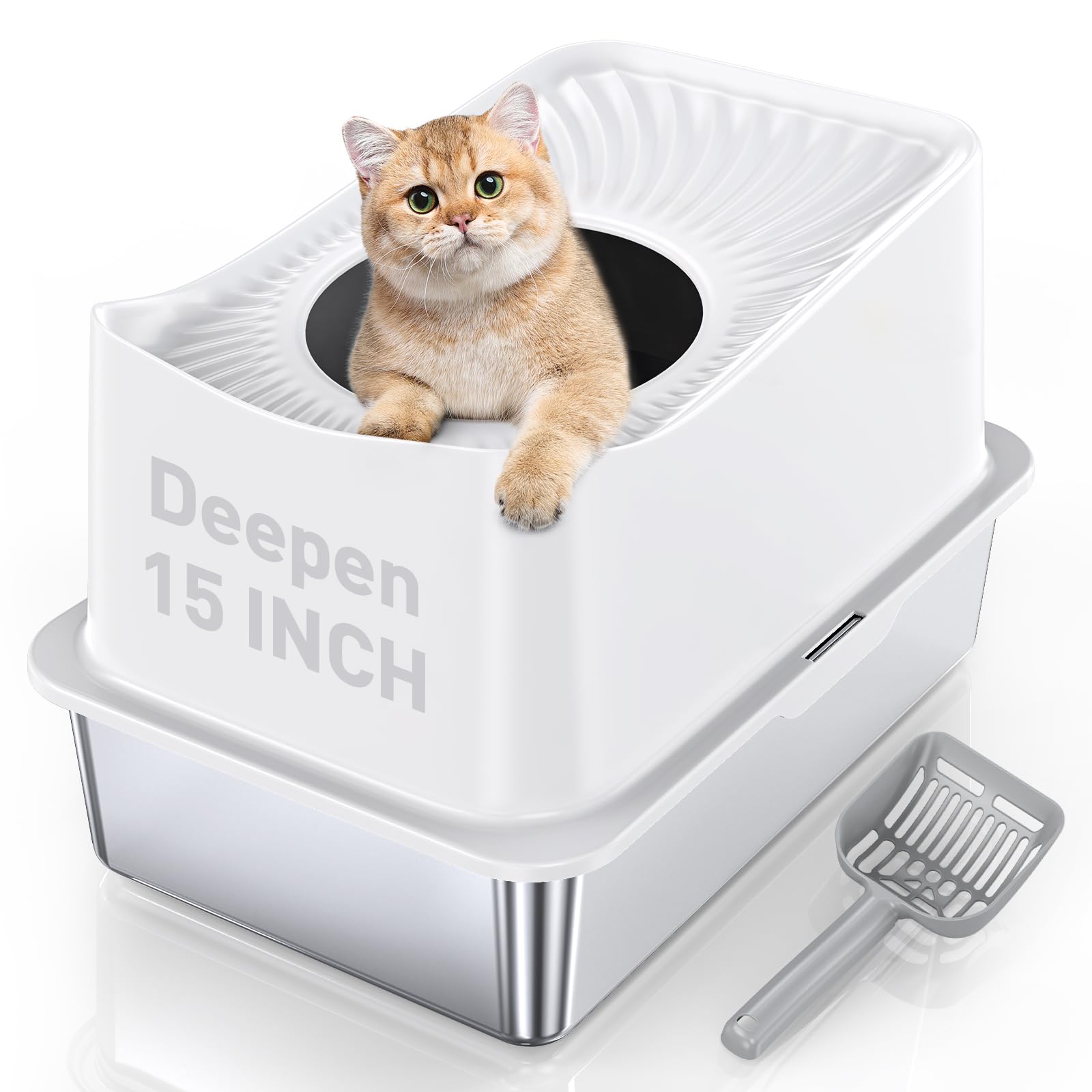 WoofiGo litière acier inox entrée supérieure ouverte, propreté et accessibilité.
