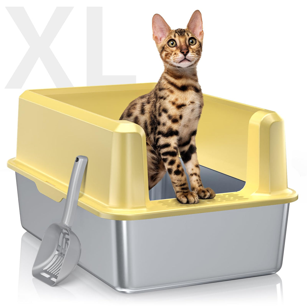 WoofiGo Litière inox XXL avec hauts côtés pour grands chats