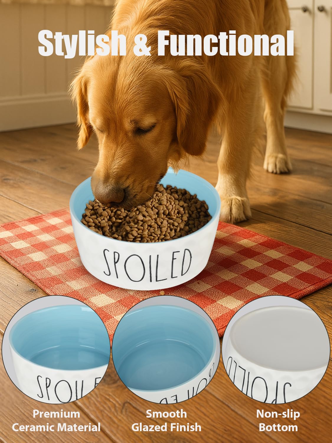 Bords hauts et solides du bol WoofinPets, réduction des éclaboussures.