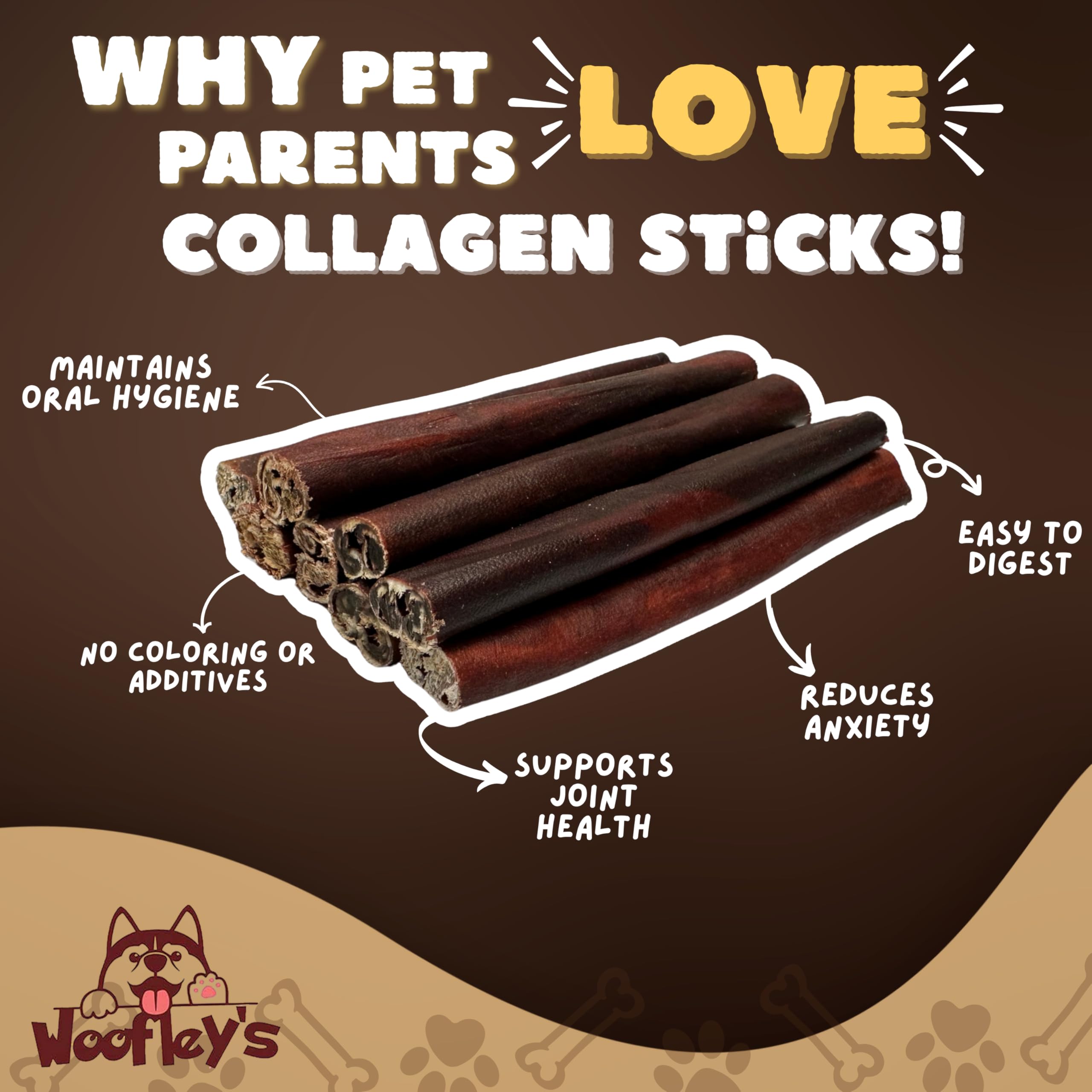 Woofley's baton-collagene texture-douce, expérience de mâchage agréable pour chiens.