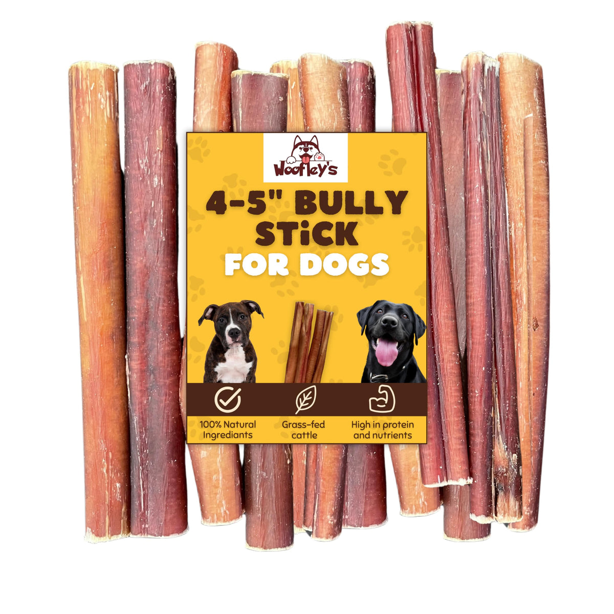Woofley's bâtons de viande pour chien, vue produit, mastication durable.