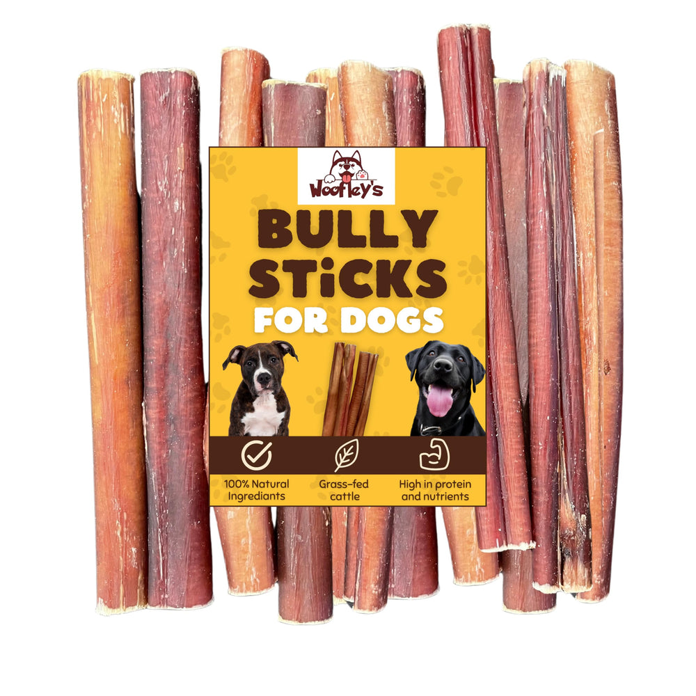 Woofley's Bully Sticks emballage visible, idéal pour occuper votre chien durablement.
