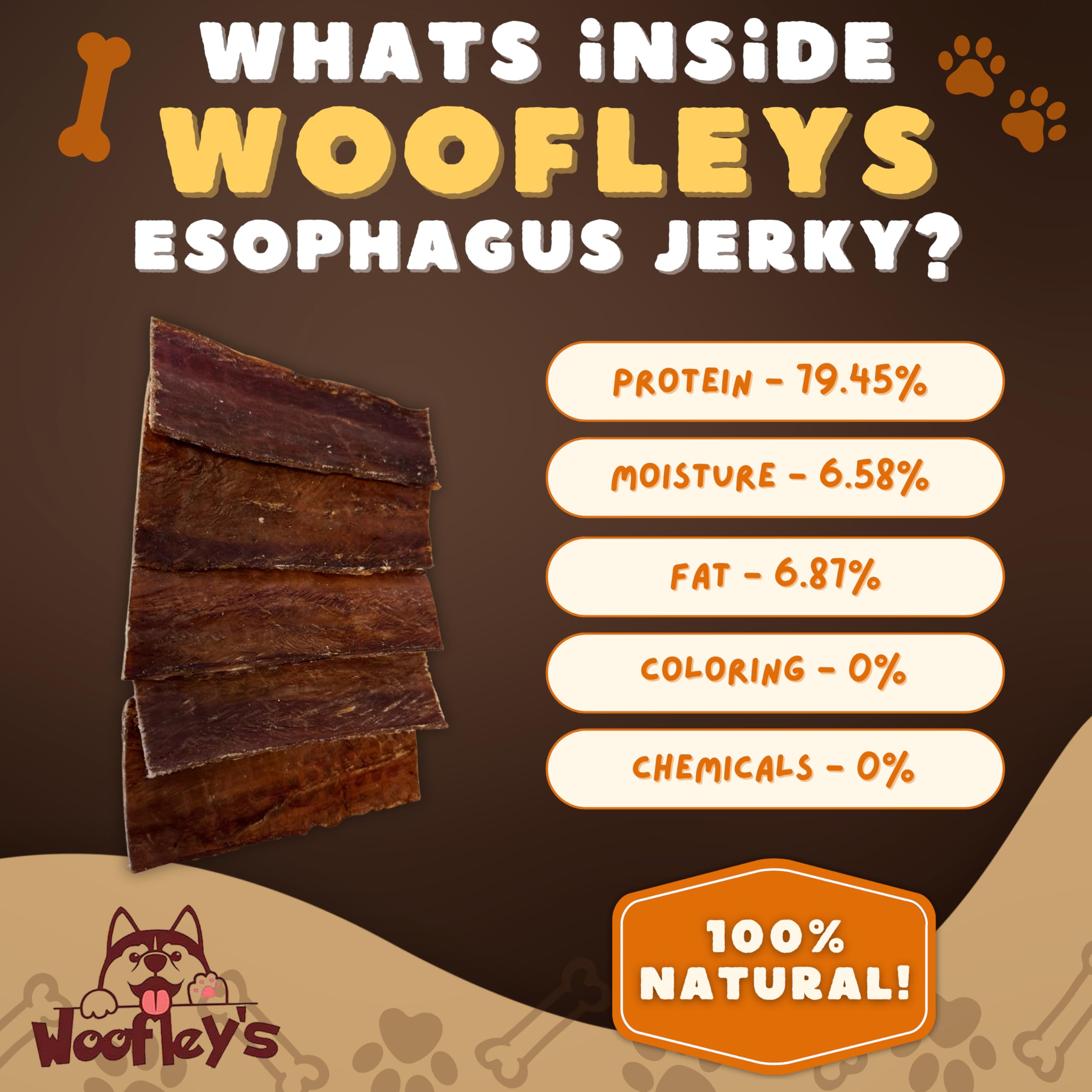 Ingrédients simples et naturels Woofley's, œsophage de haute origine et traçabilité.