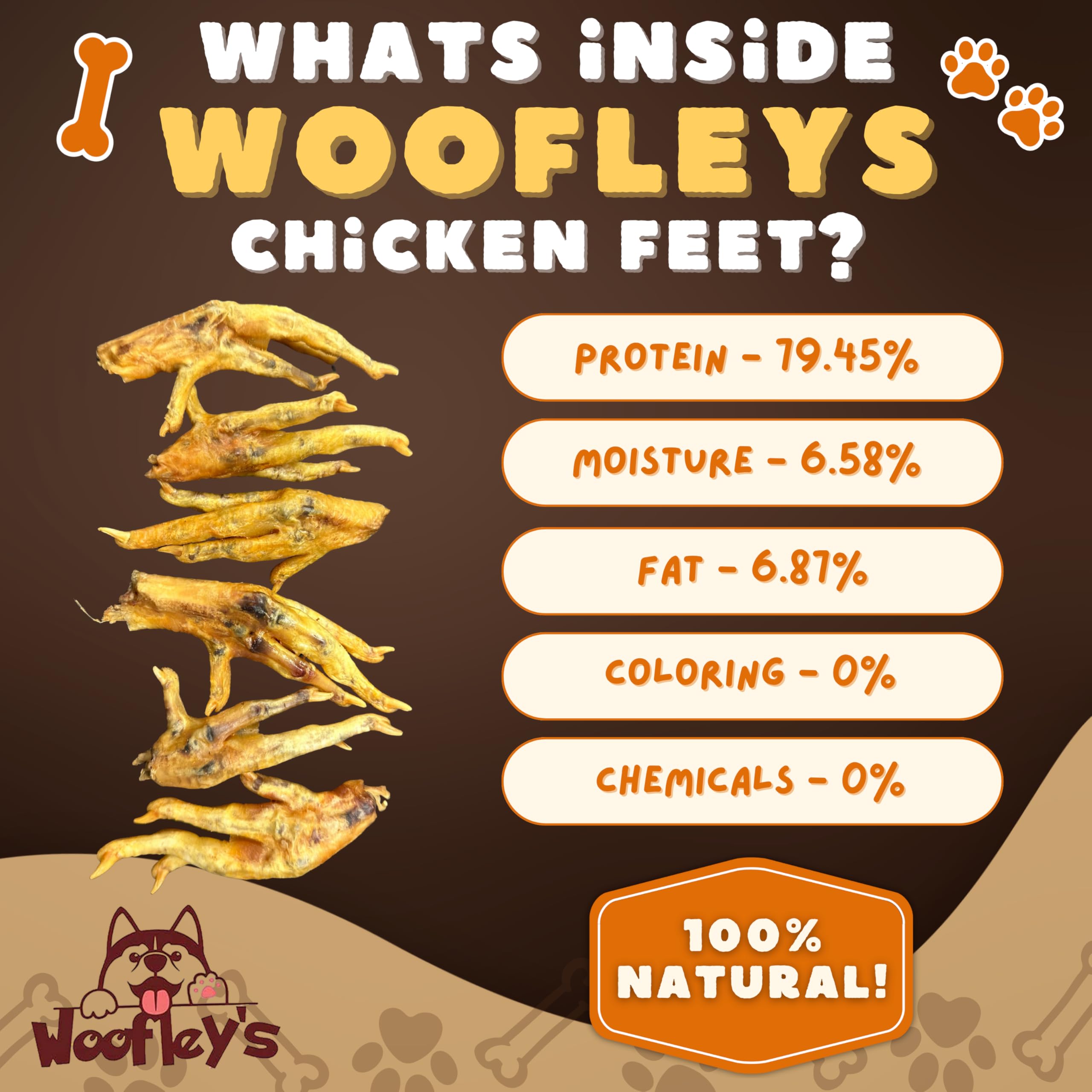 Woofley's Pattes de Poulet – cuisson fumée lente, goût barbecue pour chien.