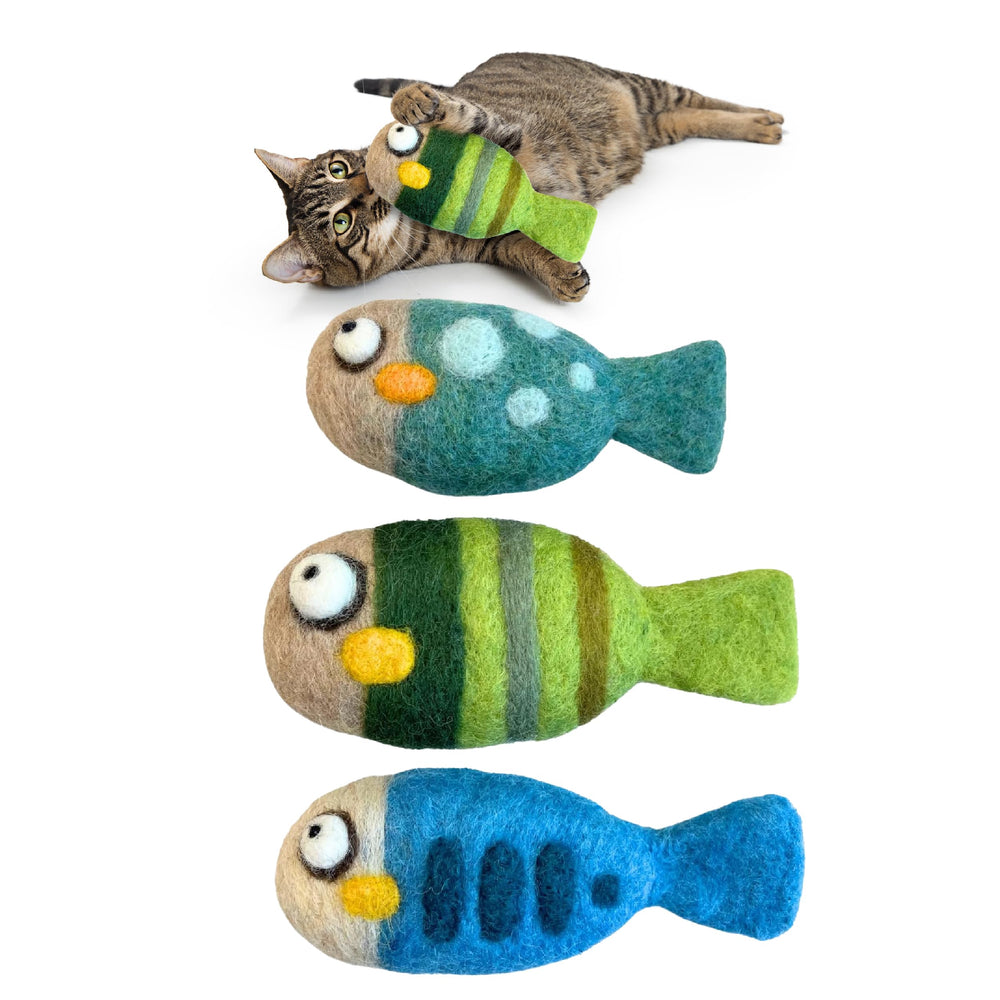 Jouet Woolbuddy poisson feutré ensemble de trois, stimulation naturelle pour chat