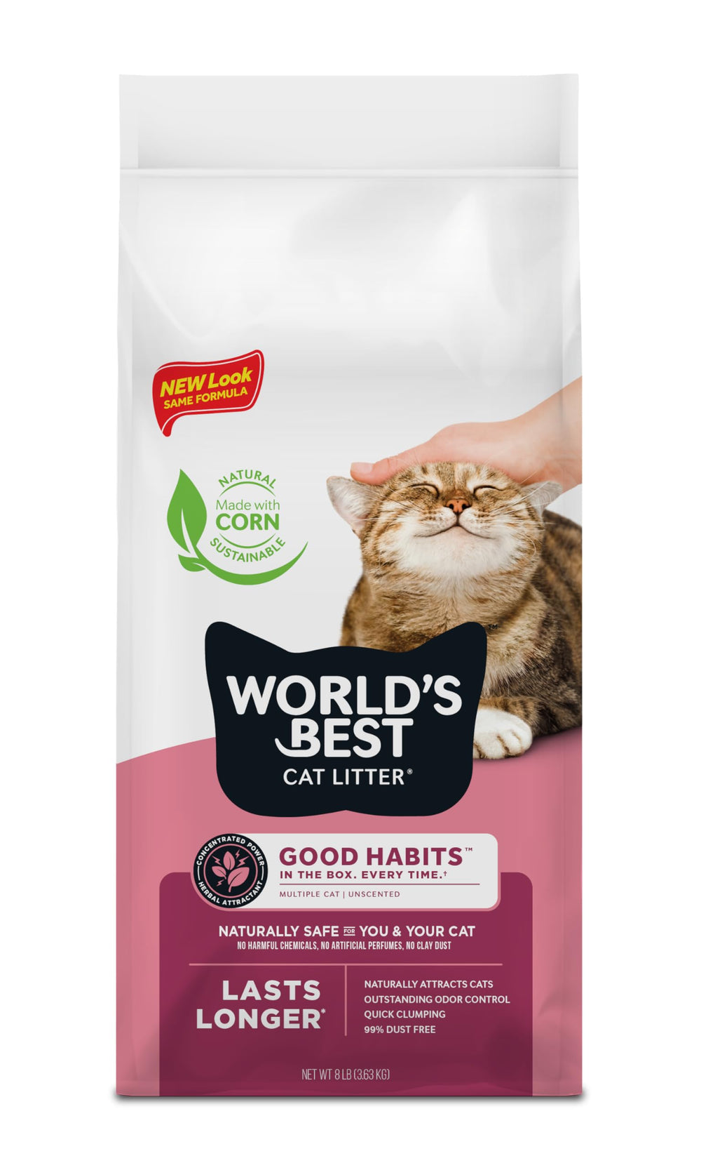 World's Best Cat Litter affiche l'attractant végétal pour encourager l’usage de la litière.