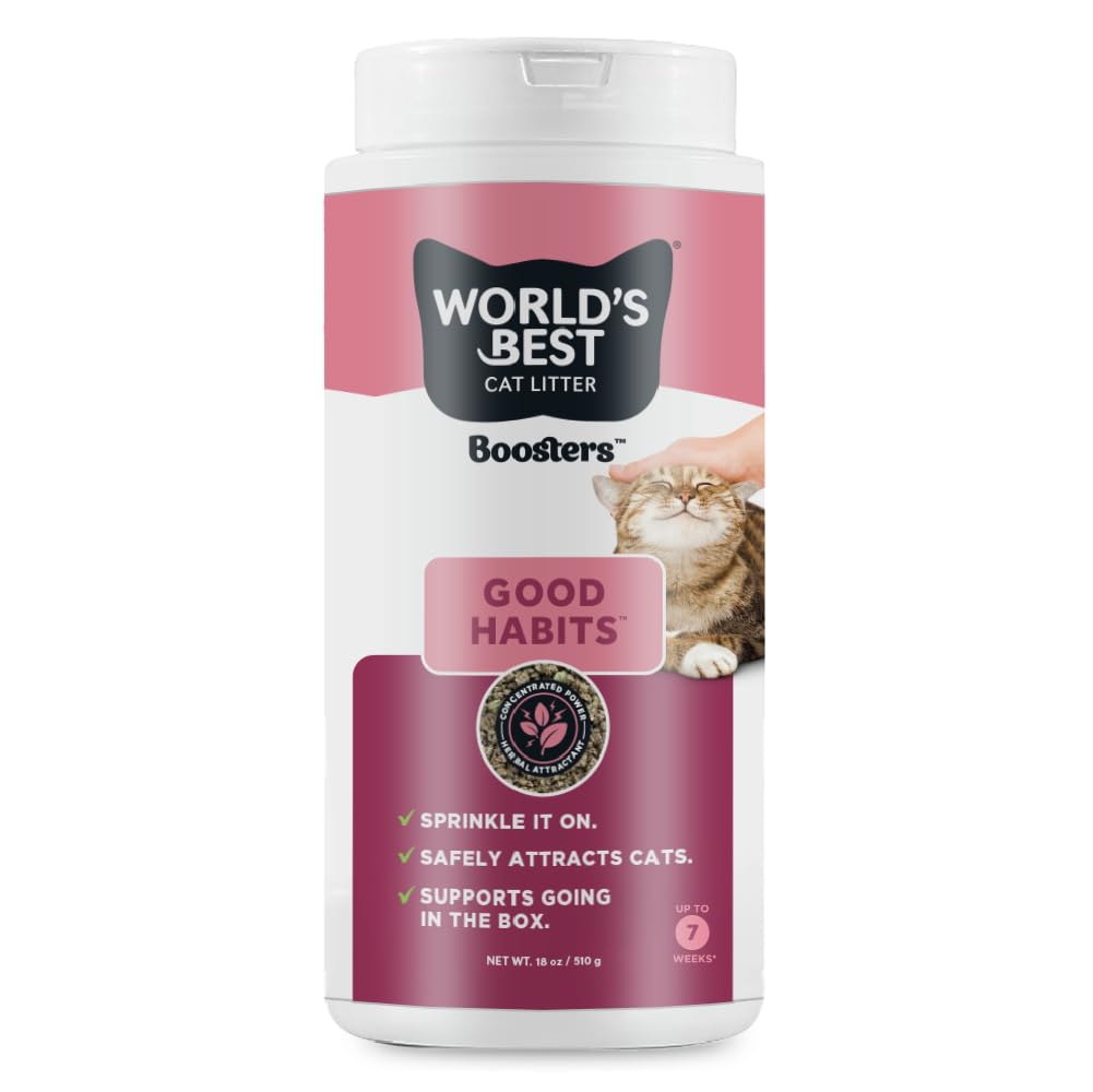 World’s Best Cat Litter Boosters Good Habits — bouteille versement attire le chat vers la litière favorisant l’apprentissage