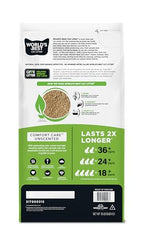 World's Best Cat Litter Comfort Care – vue arrière, liste d'avantages et ingrédients naturels.