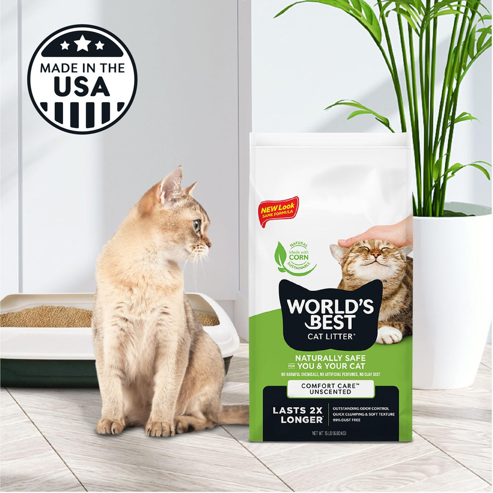 World's Best Cat Litter Comfort Care faible poussière pour une respiration agréable.