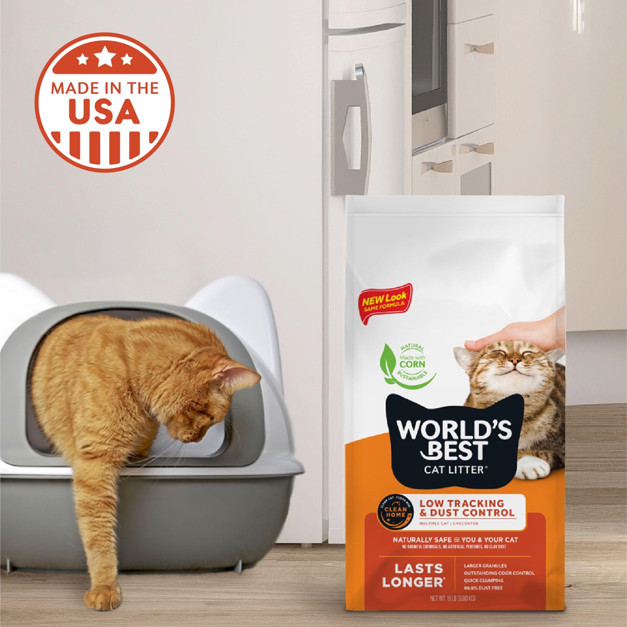 World's Best Cat Litter grumeaux rapides, nettoyage facilité.