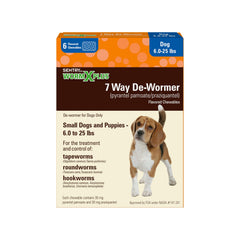 Boîte WORM X PLUS et comprimés à croquer pour petits chiens.