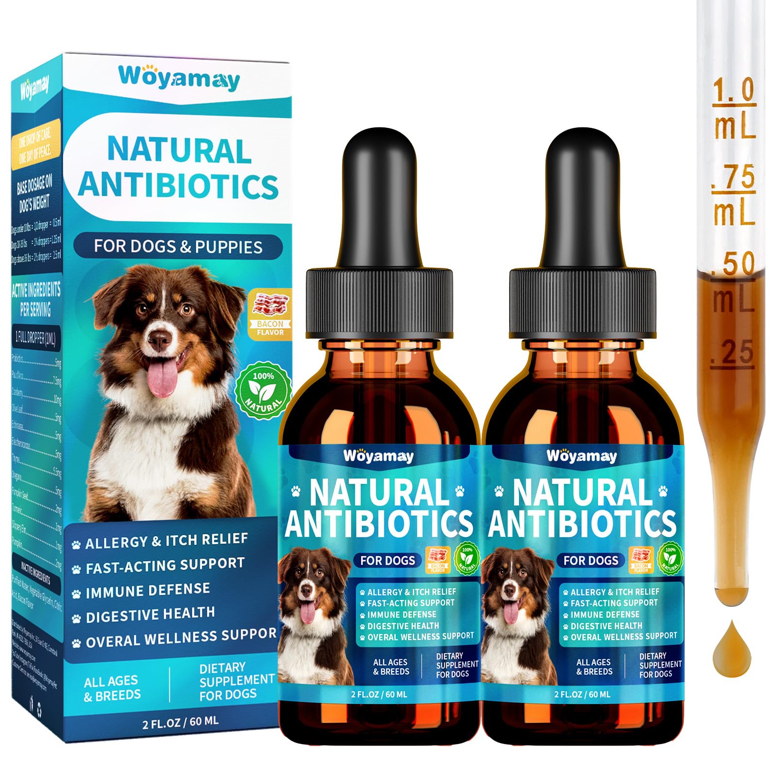 Woyamay antibiotiques chiens, flacon, soutien immunitaire naturel.