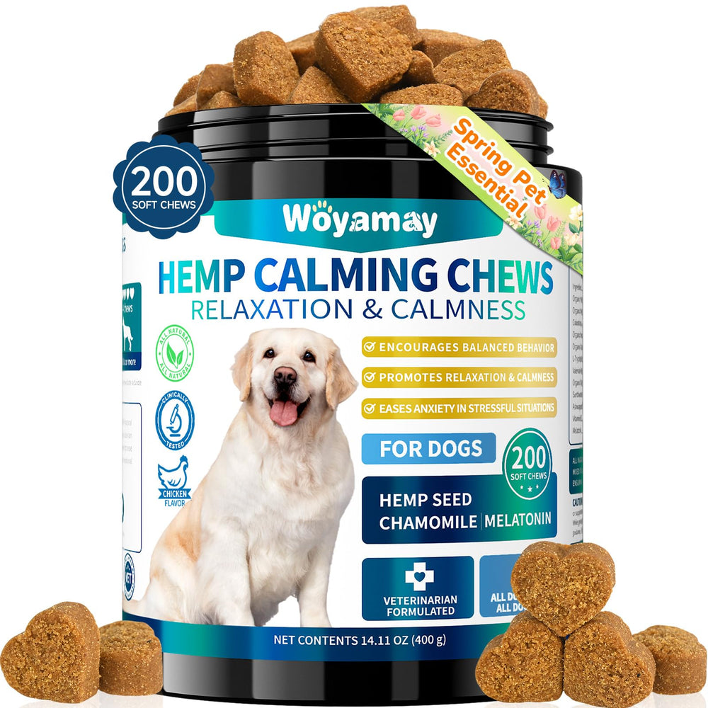 Friandises apaisantes Woyamay dans boîte de 200 pour chiens, pratique à distribuer.